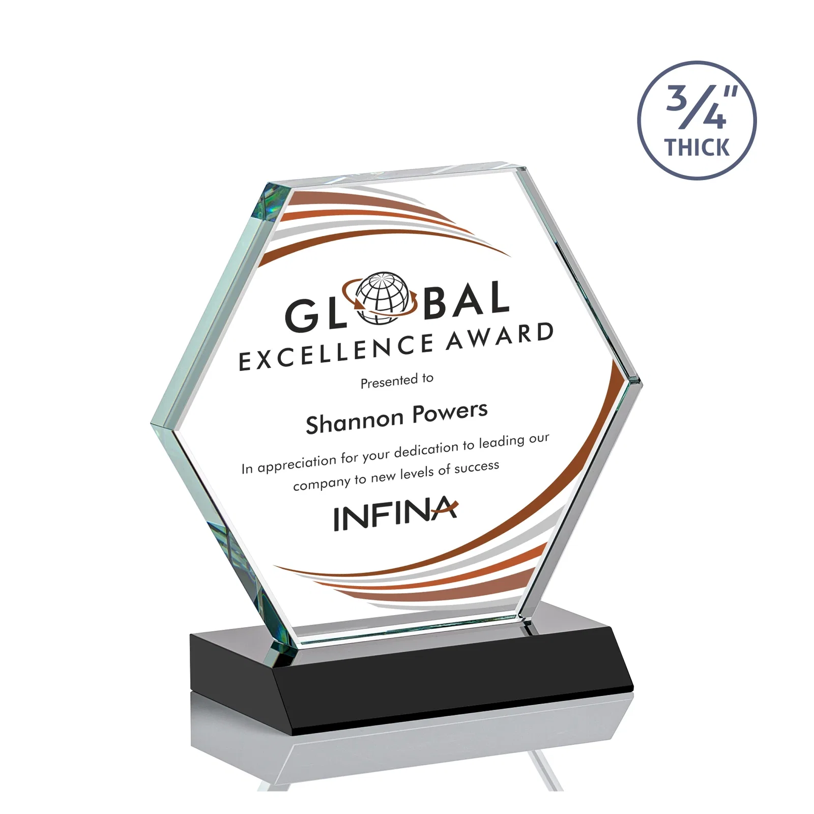 Branded Starfire Crystal Hexagon Award, 3/4 Inch Thick on Crystal Base, awards for volunteer appreciation