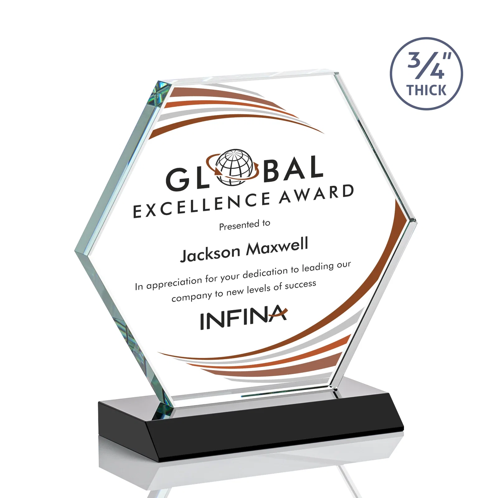 Branded Starfire Crystal Hexagon Award, 3/4 Inch Thick on Crystal Base, awards for dealer and partner awards