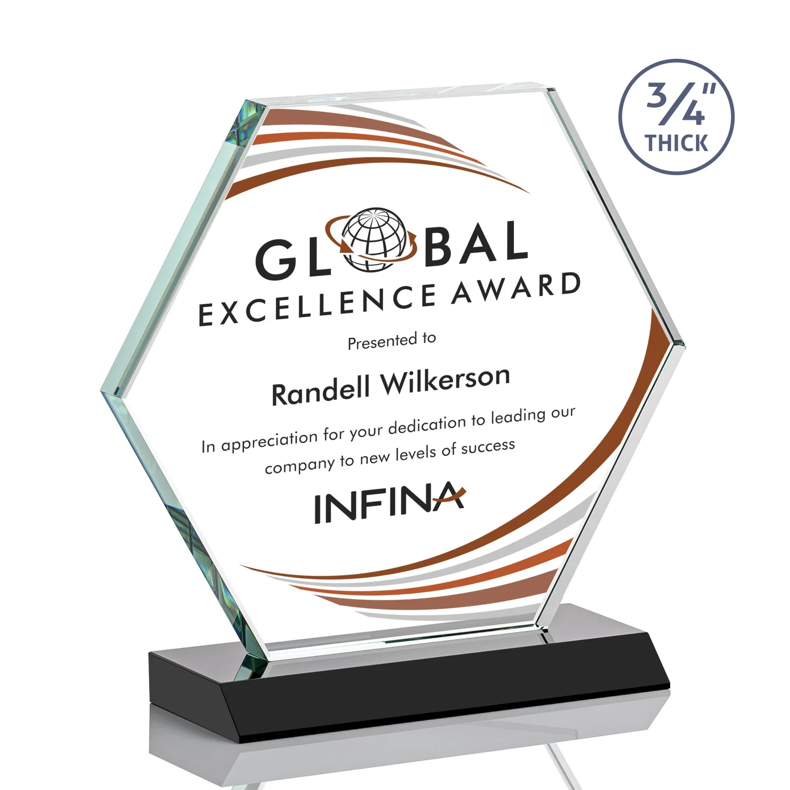 Branded Starfire Crystal Hexagon Award, 3/4 Inch Thick on Crystal Base, awards for company anniversary events