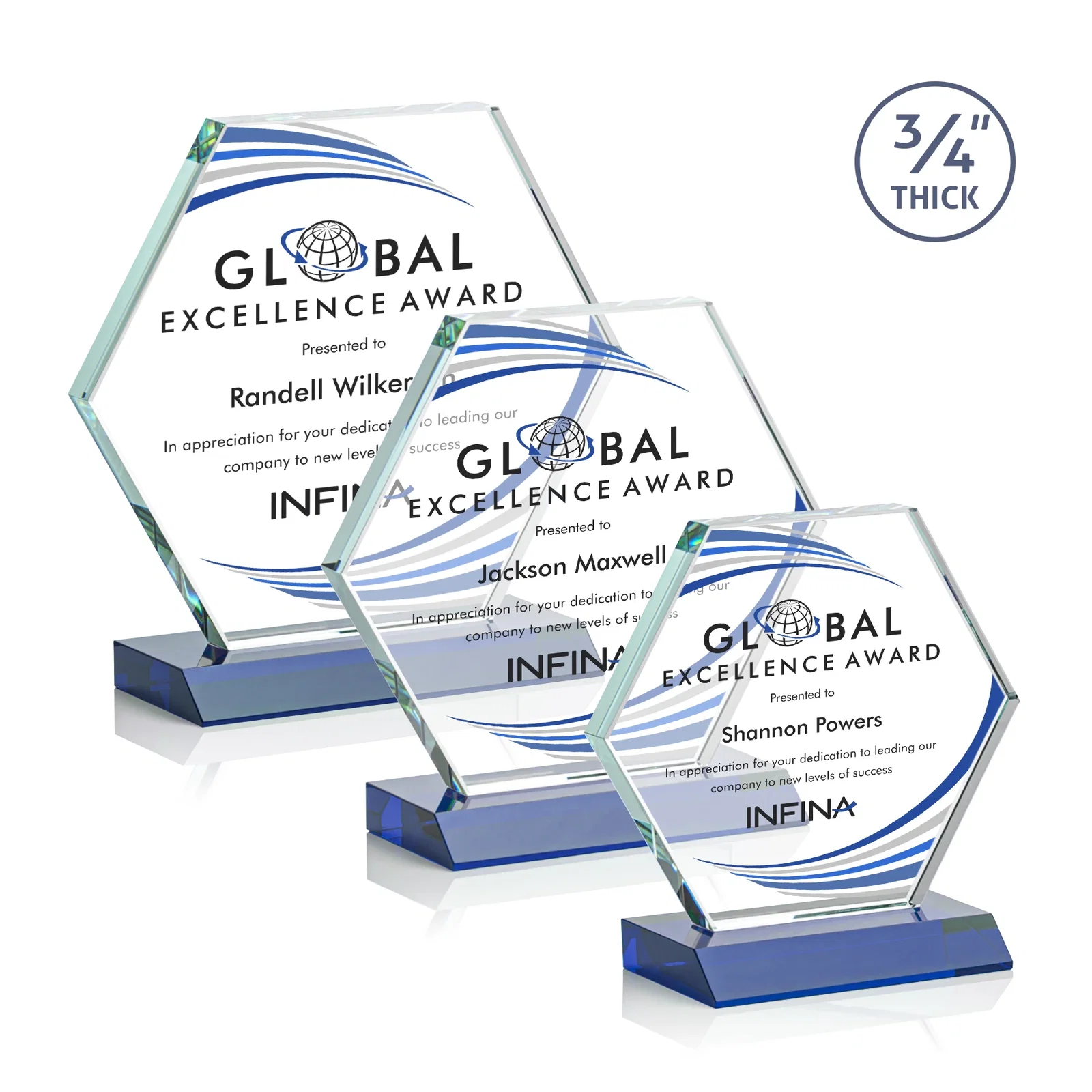 Custom printed Starfire Crystal Hexagon Award, 3/4 Inch Thick on Crystal Base, awards for employee recognition