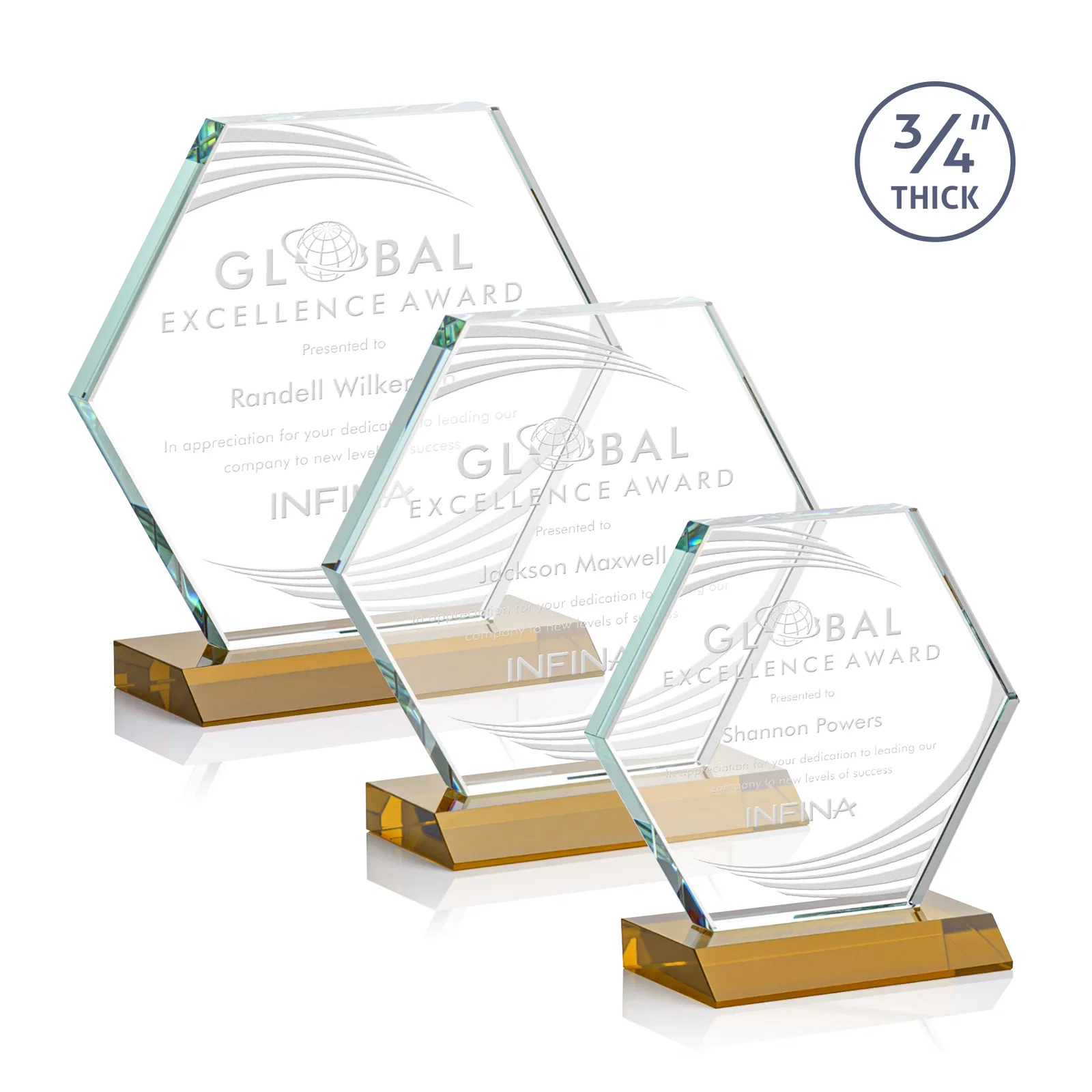 Custom Starfire Crystal Hexagon Award, 3/4 Inch Thick on Crystal Base, awards for retirement presentations