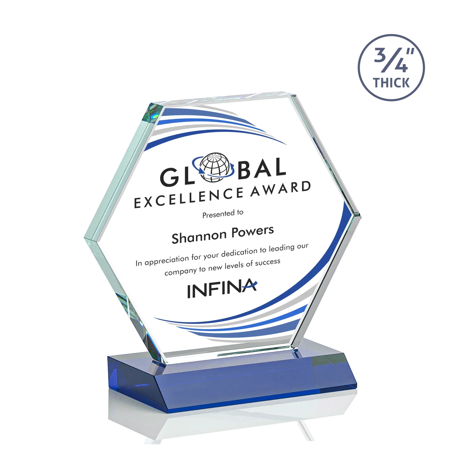 Custom printed Starfire Crystal Hexagon Award, 3/4 Inch Thick on Crystal Base, awards for corporate award ceremonies