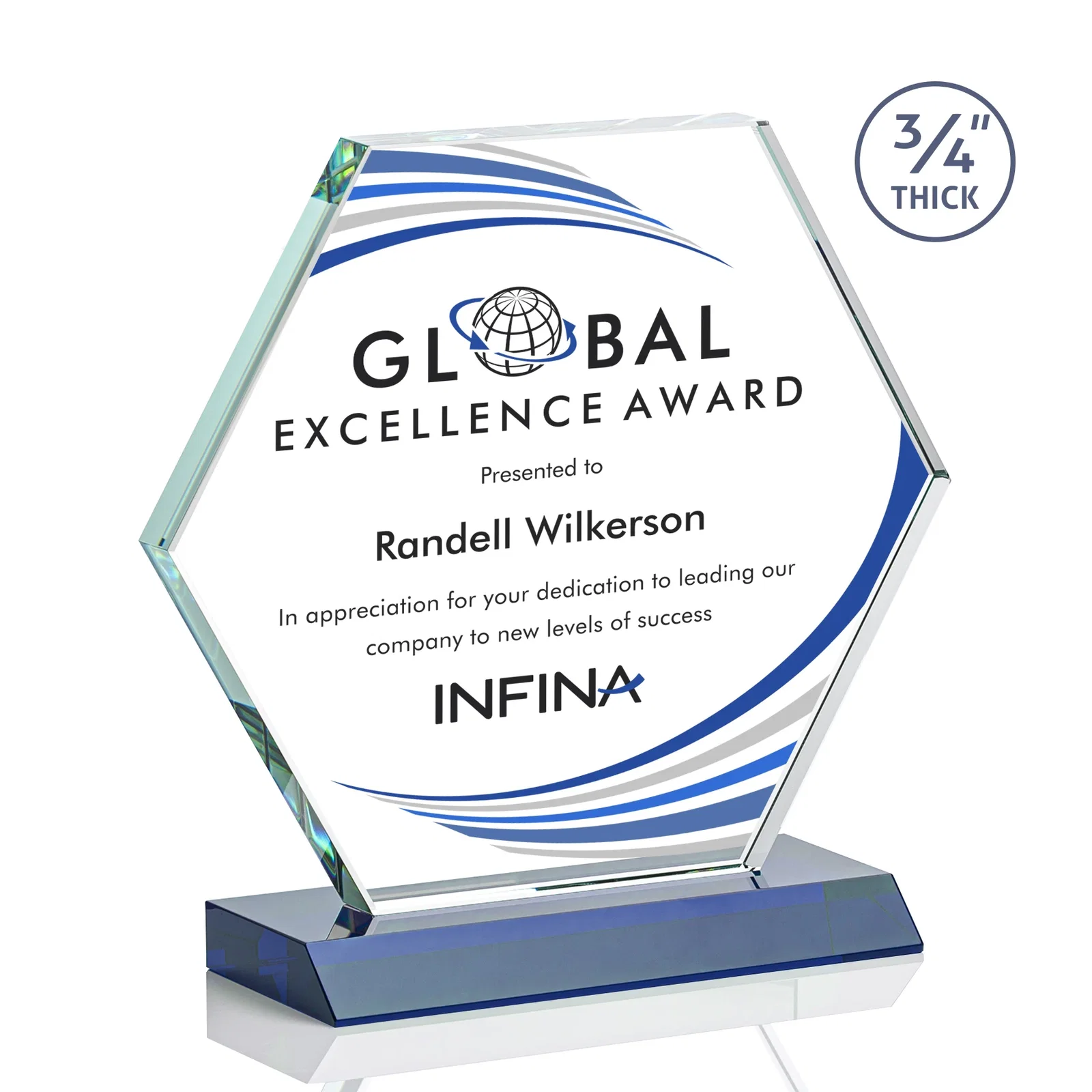 Custom printed Starfire Crystal Hexagon Award, 3/4 Inch Thick on Crystal Base, awards for sales achievement awards