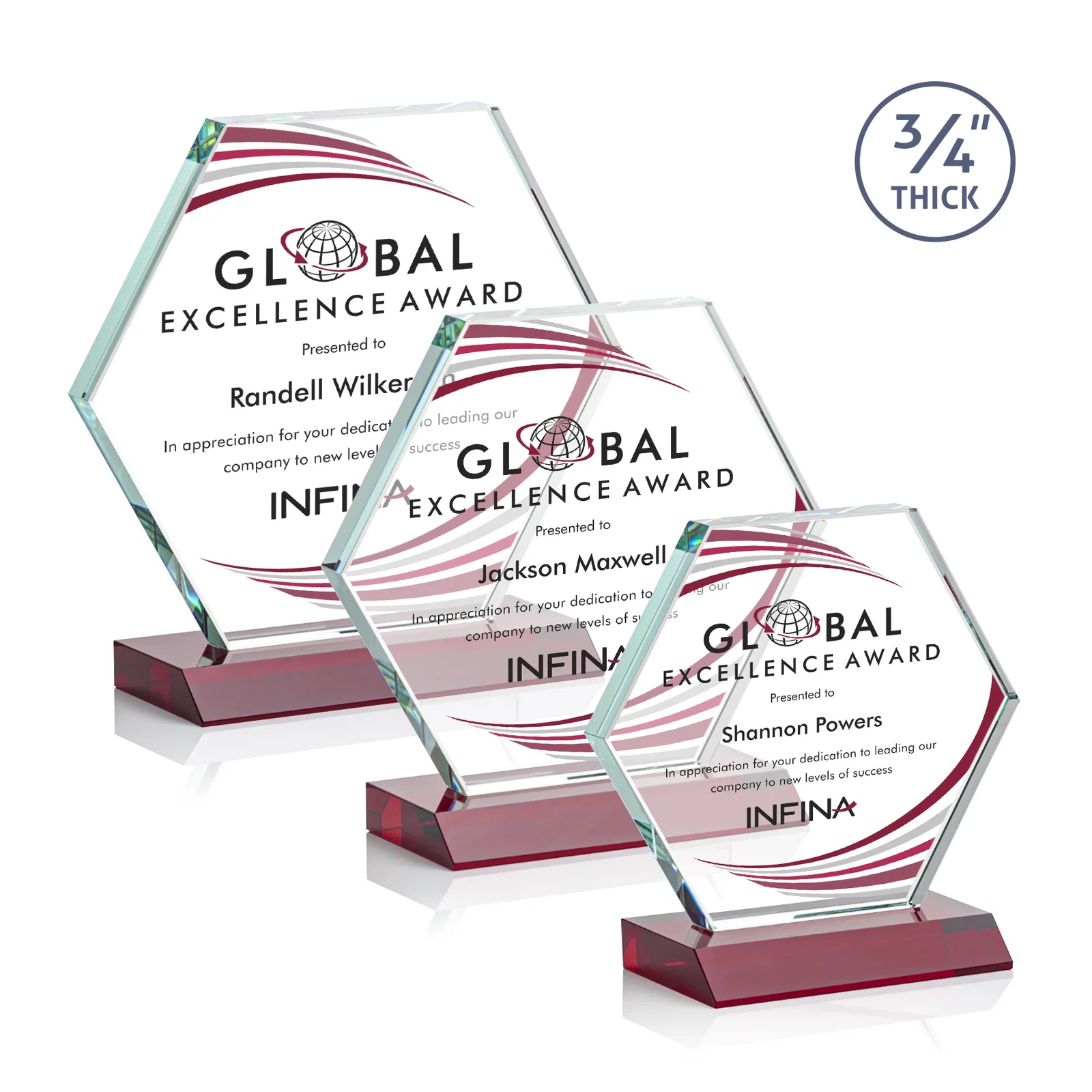 Custom printed Starfire Crystal Hexagon Award, 3/4 Inch Thick on Crystal Base, awards for retirement presentations