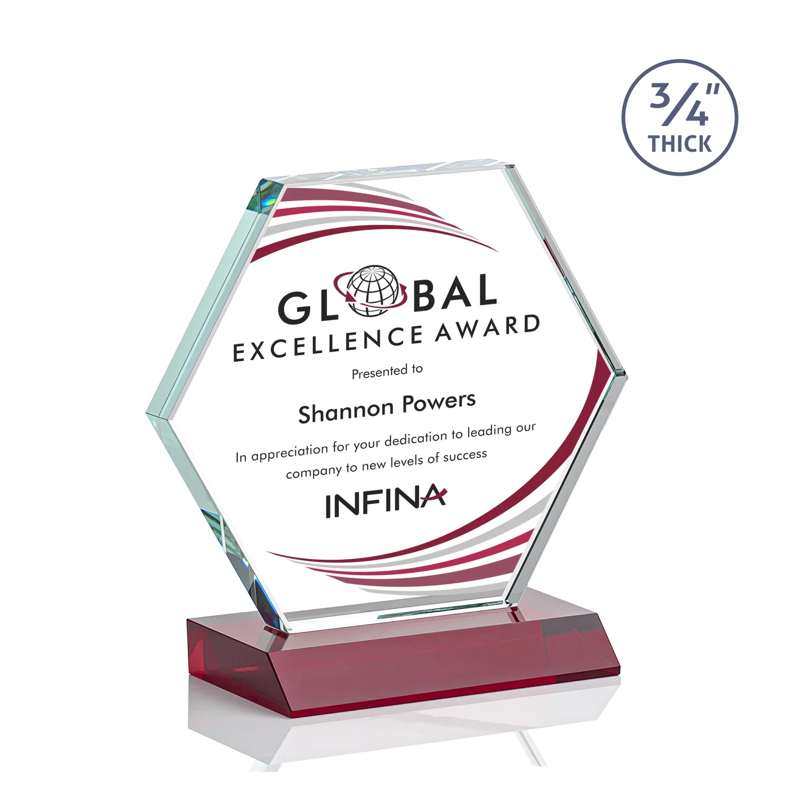 Custom printed Starfire Crystal Hexagon Award, 3/4 Inch Thick on Crystal Base, awards for team milestone celebrations