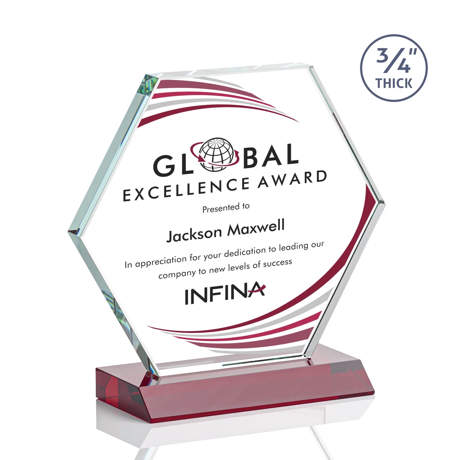 Custom printed Starfire Crystal Hexagon Award, 3/4 Inch Thick on Crystal Base, awards for donor appreciation