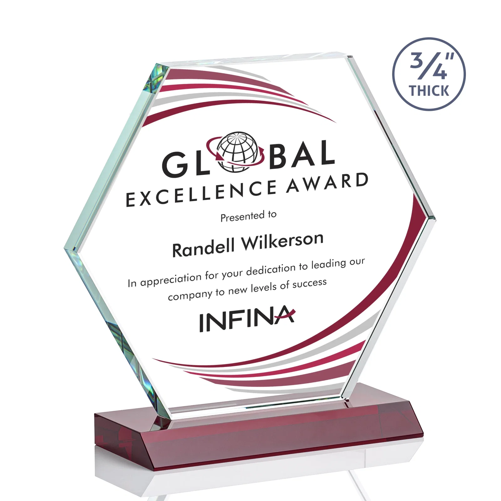 Custom printed Starfire Crystal Hexagon Award, 3/4 Inch Thick on Crystal Base, awards for graduation ceremonies