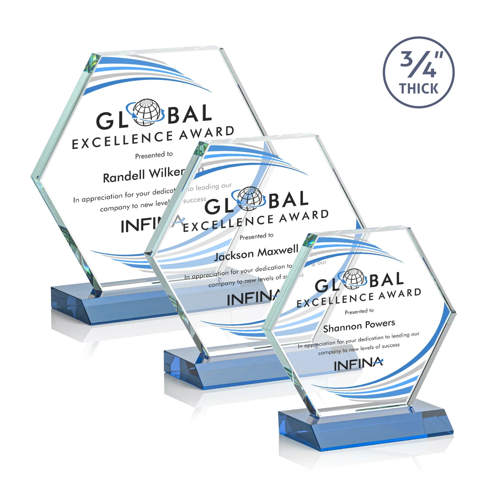 Custom printed Starfire Crystal Hexagon Award, 3/4 Inch Thick on Crystal Base, awards for safety achievement programs