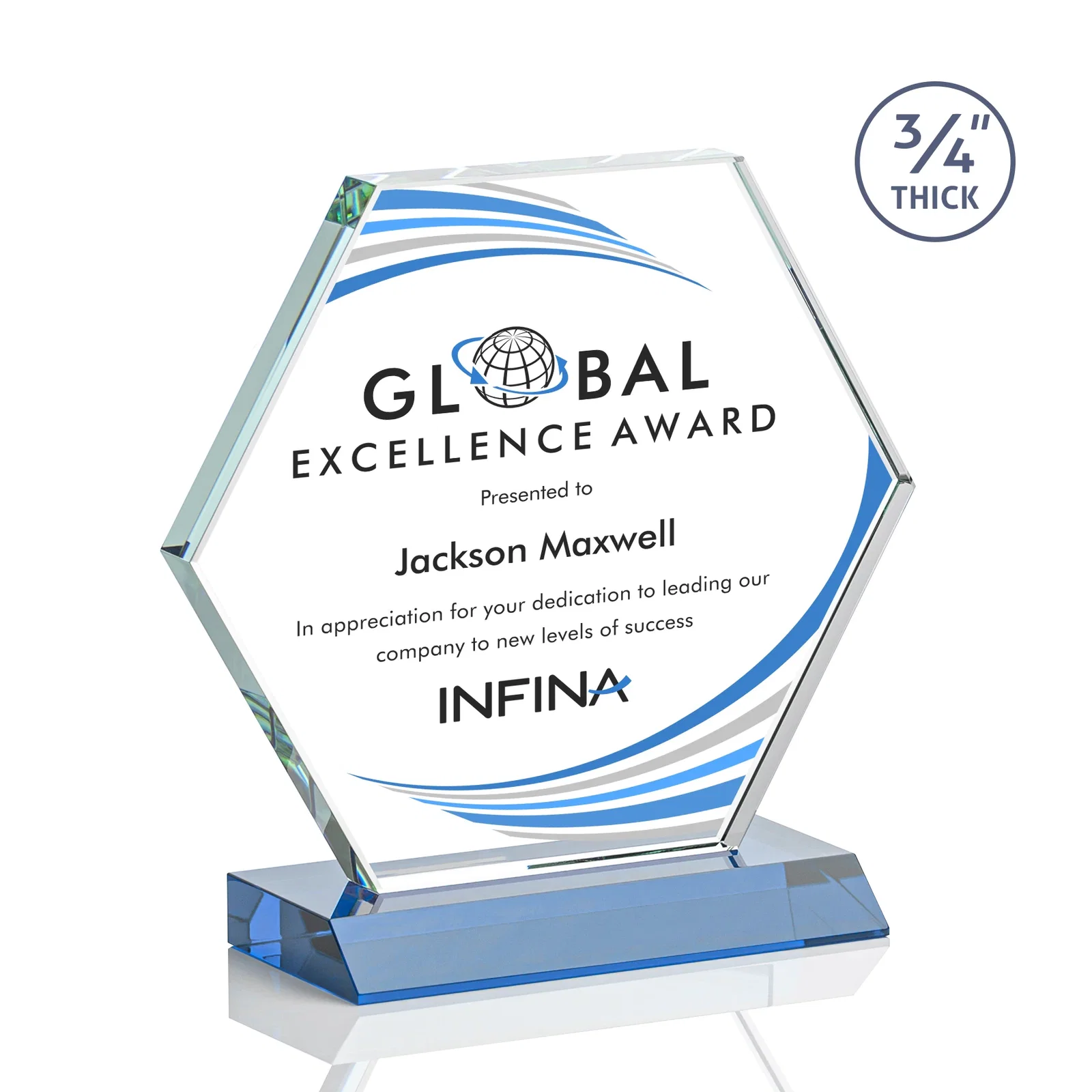 Custom printed Starfire Crystal Hexagon Award, 3/4 Inch Thick on Crystal Base, awards for dealer and partner awards