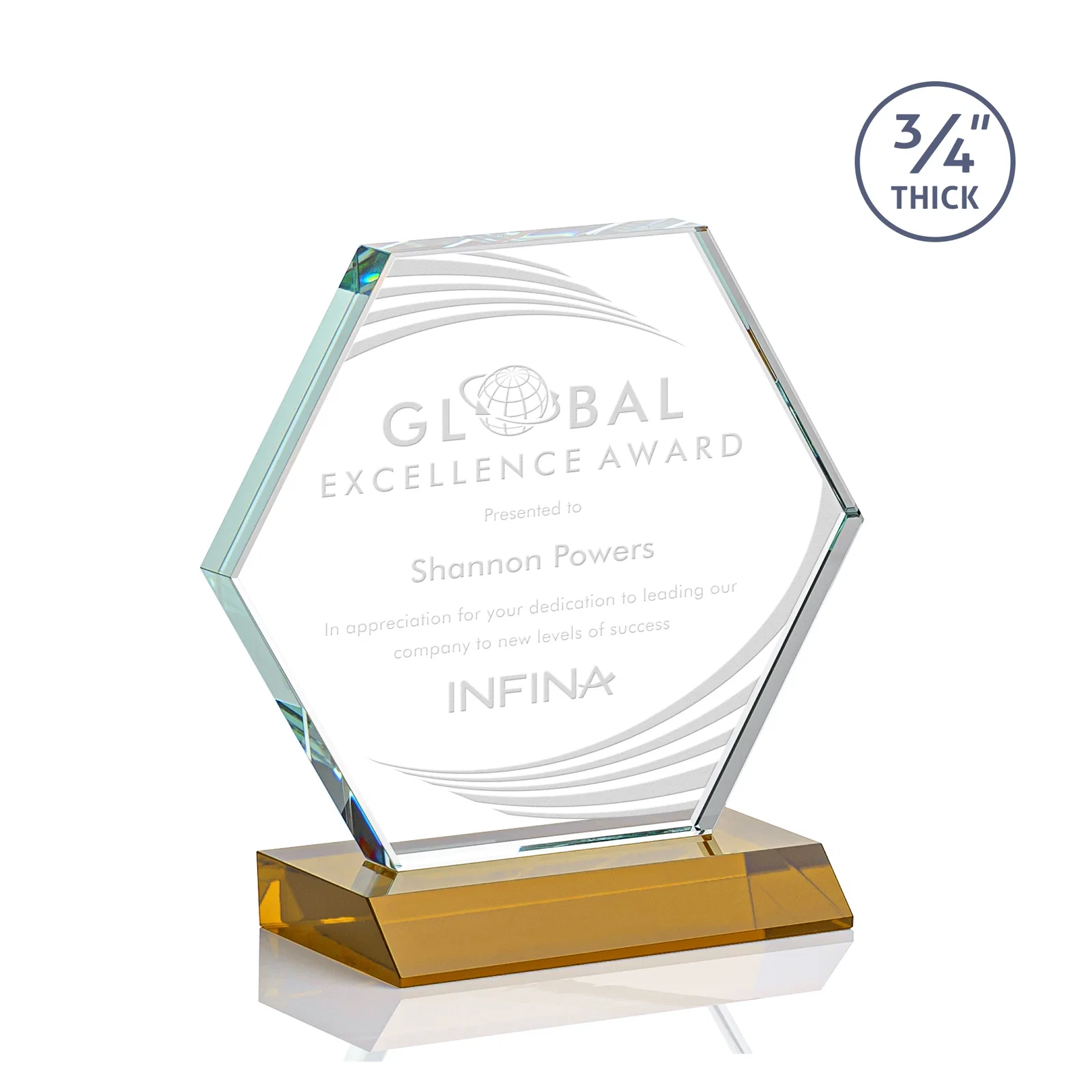 Custom Starfire Crystal Hexagon Award, 3/4 Inch Thick on Crystal Base, awards for team milestone celebrations
