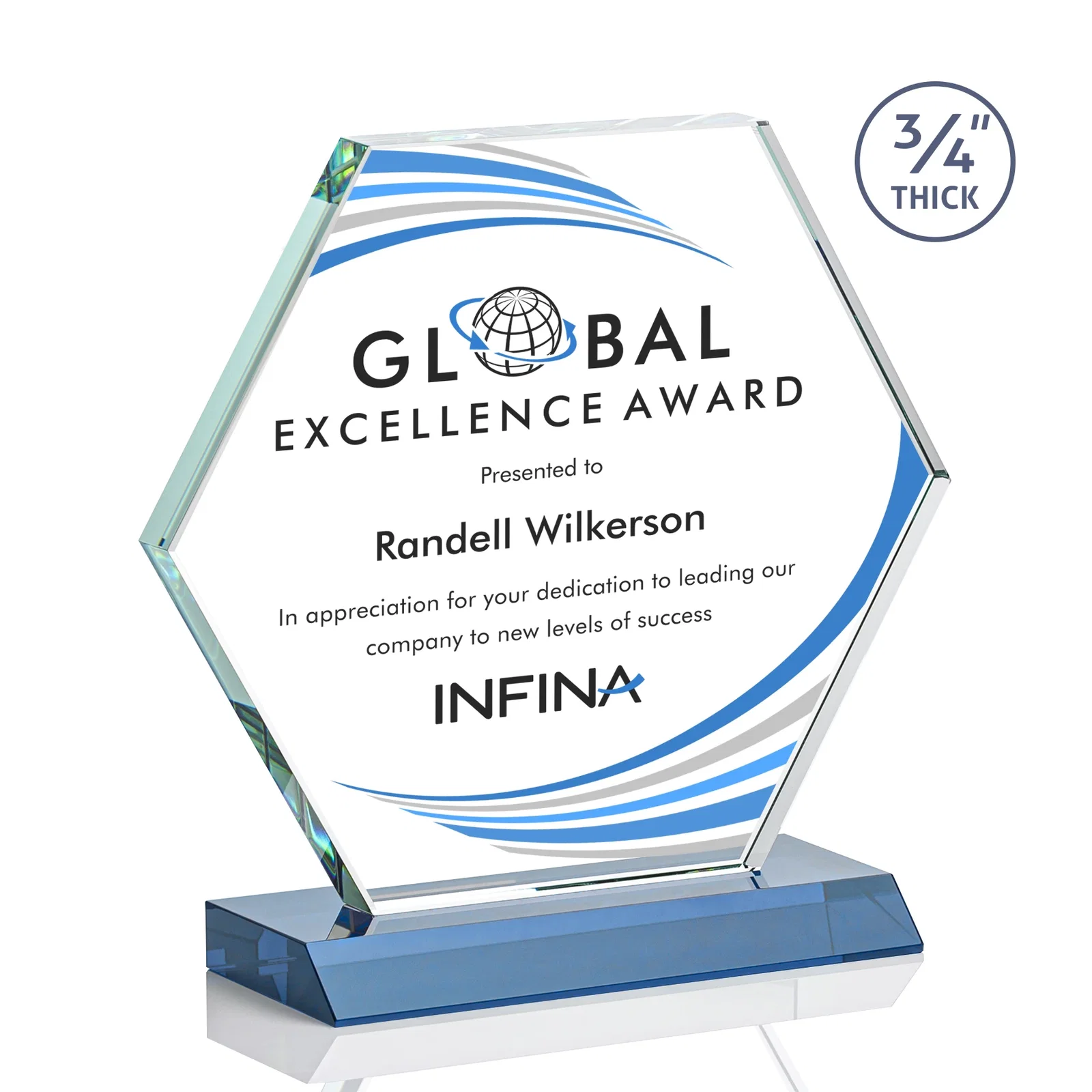 Custom printed Starfire Crystal Hexagon Award, 3/4 Inch Thick on Crystal Base, awards for company anniversary events