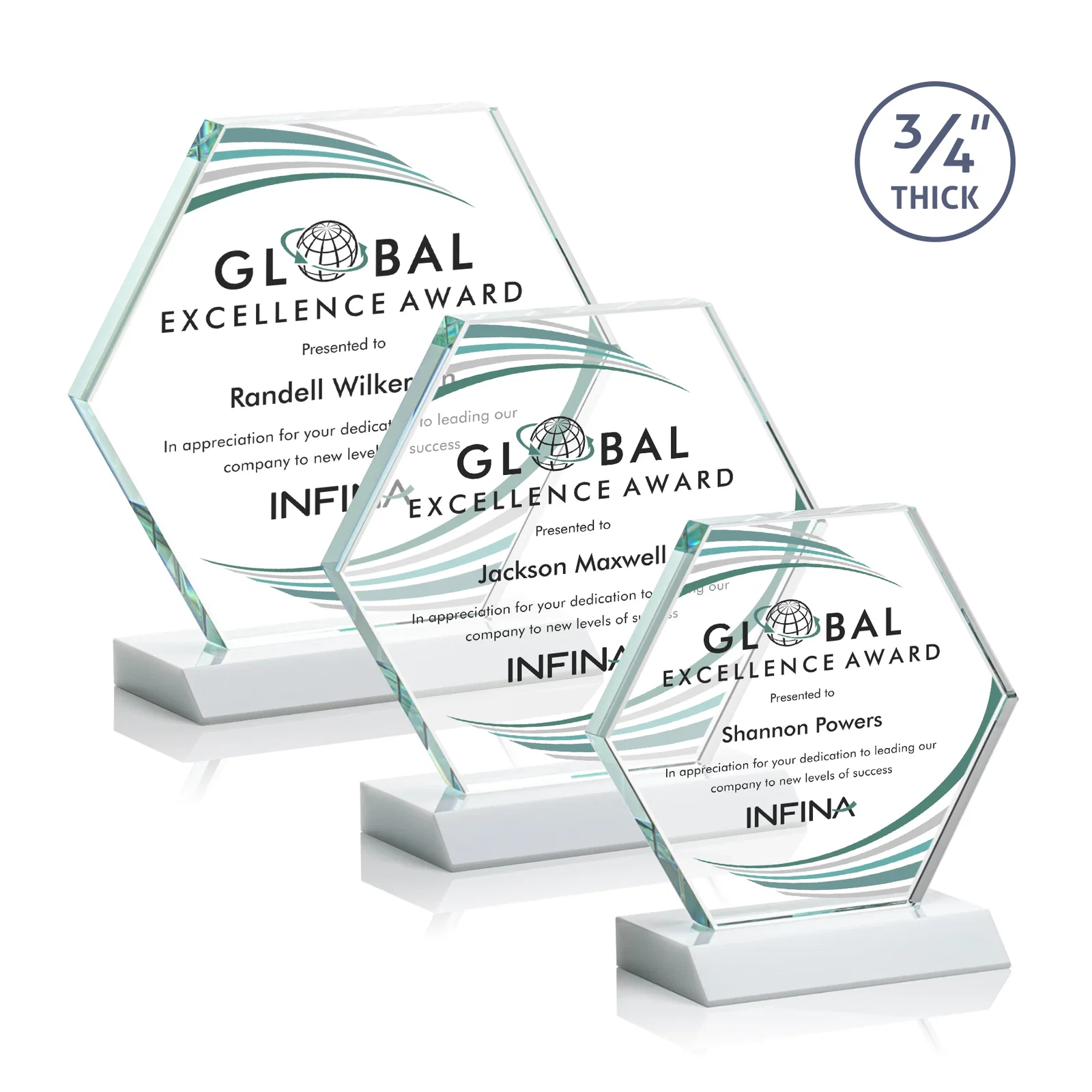 Customized Starfire Crystal Hexagon Award, 3/4 Inch Thick on Crystal Base, awards for employee recognition