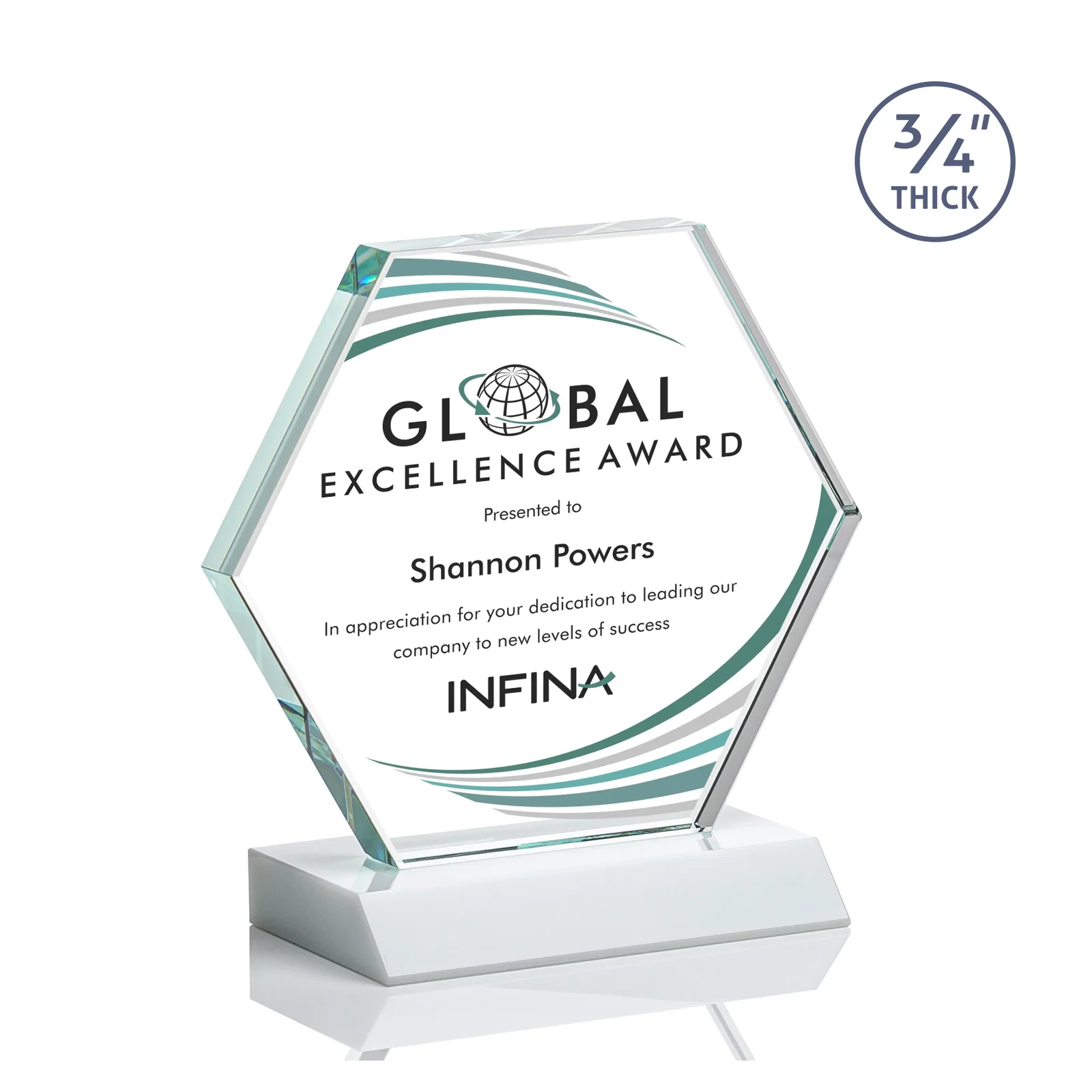 Customized Starfire Crystal Hexagon Award, 3/4 Inch Thick on Crystal Base, awards for corporate award ceremonies
