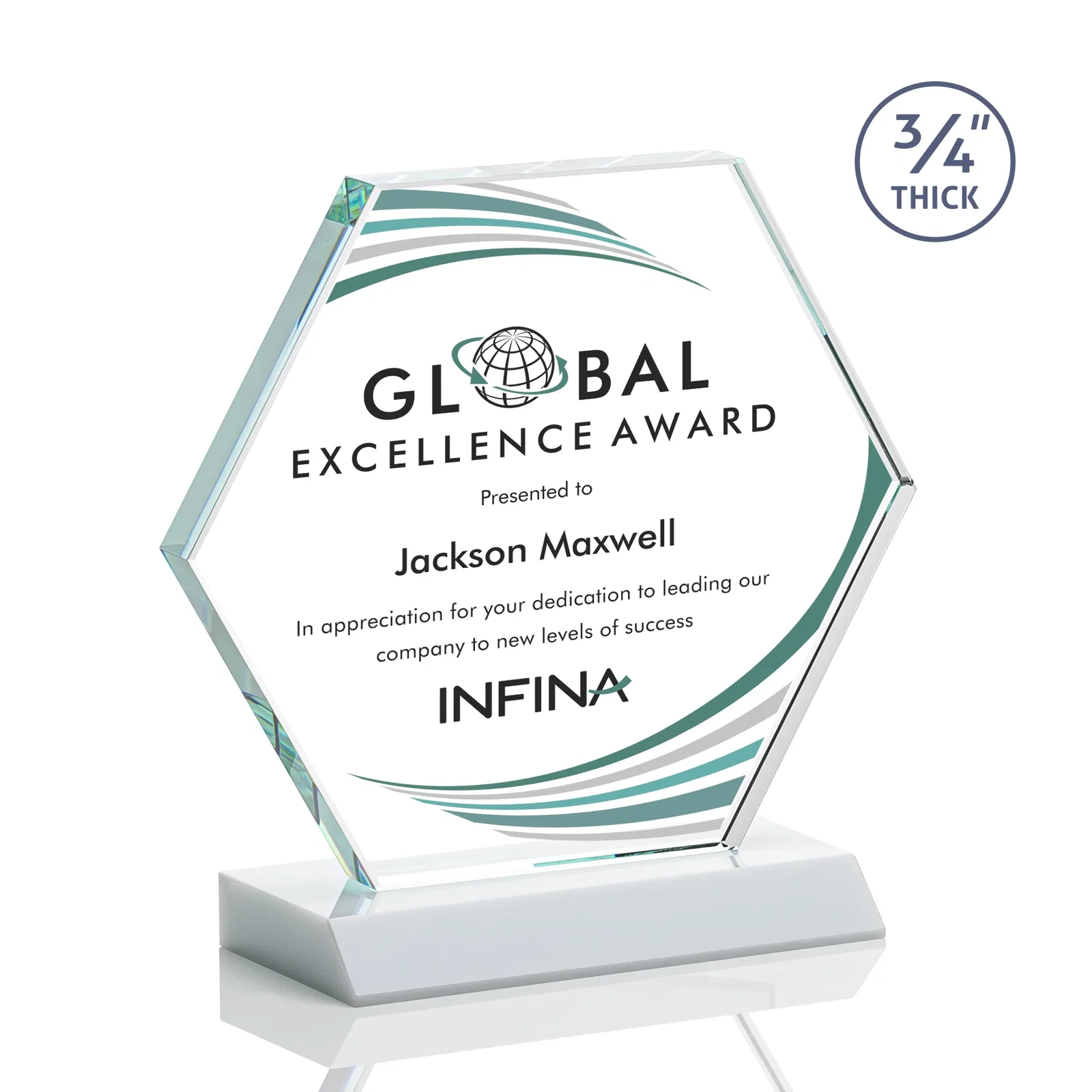 Customized Starfire Crystal Hexagon Award, 3/4 Inch Thick on Crystal Base, awards for service anniversary gifts