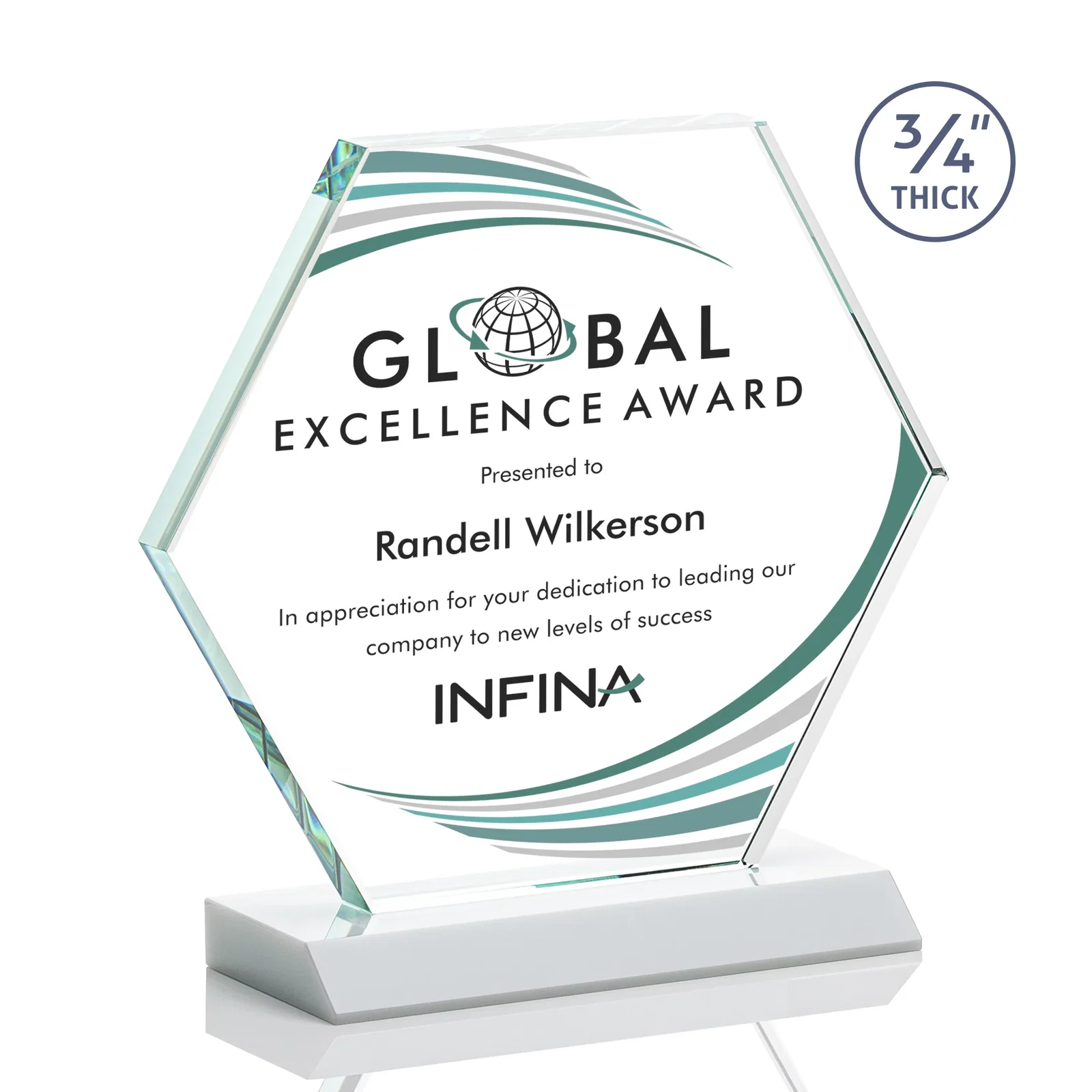 Customized Starfire Crystal Hexagon Award, 3/4 Inch Thick on Crystal Base, awards for sales achievement awards