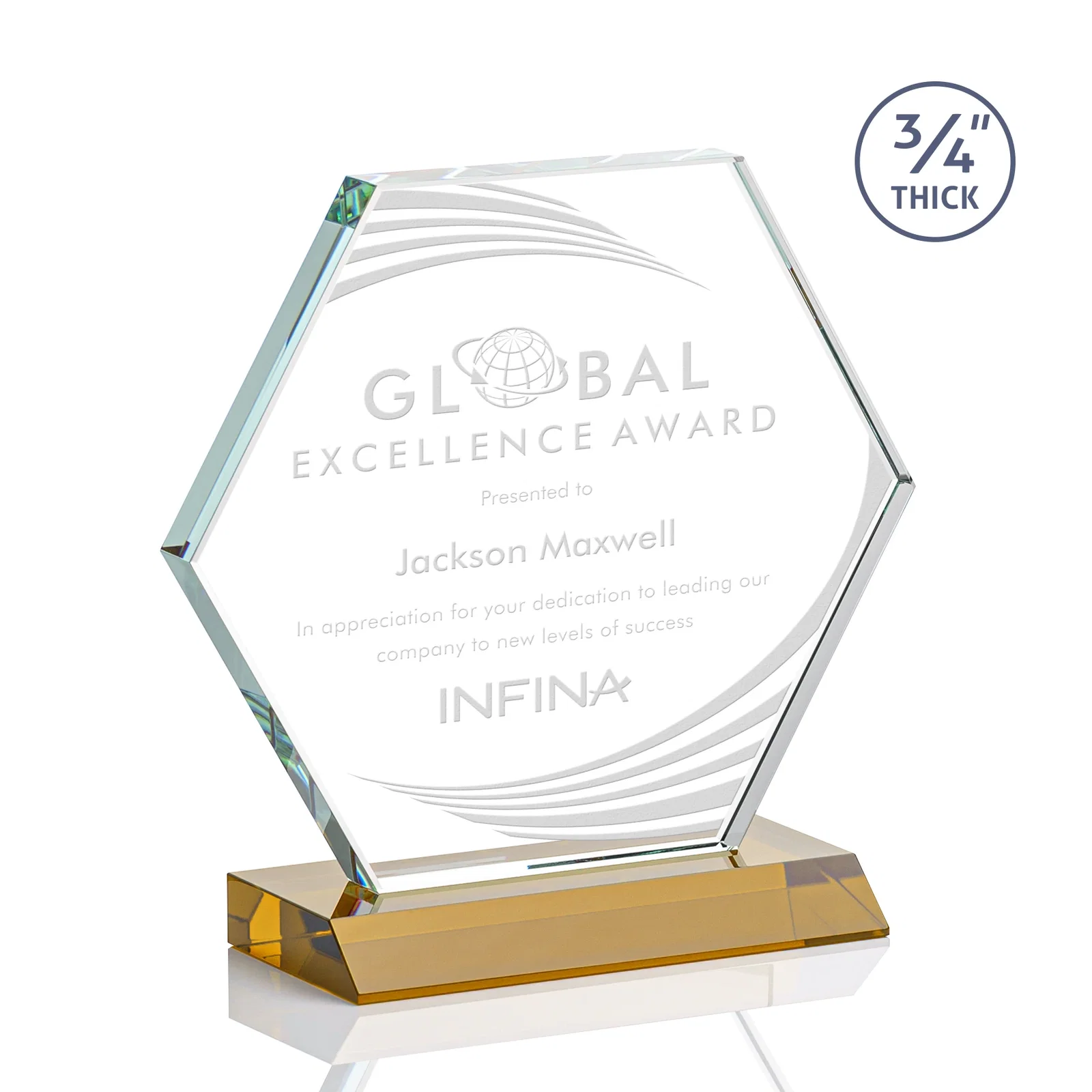 Custom Starfire Crystal Hexagon Award, 3/4 Inch Thick on Crystal Base, awards for donor appreciation