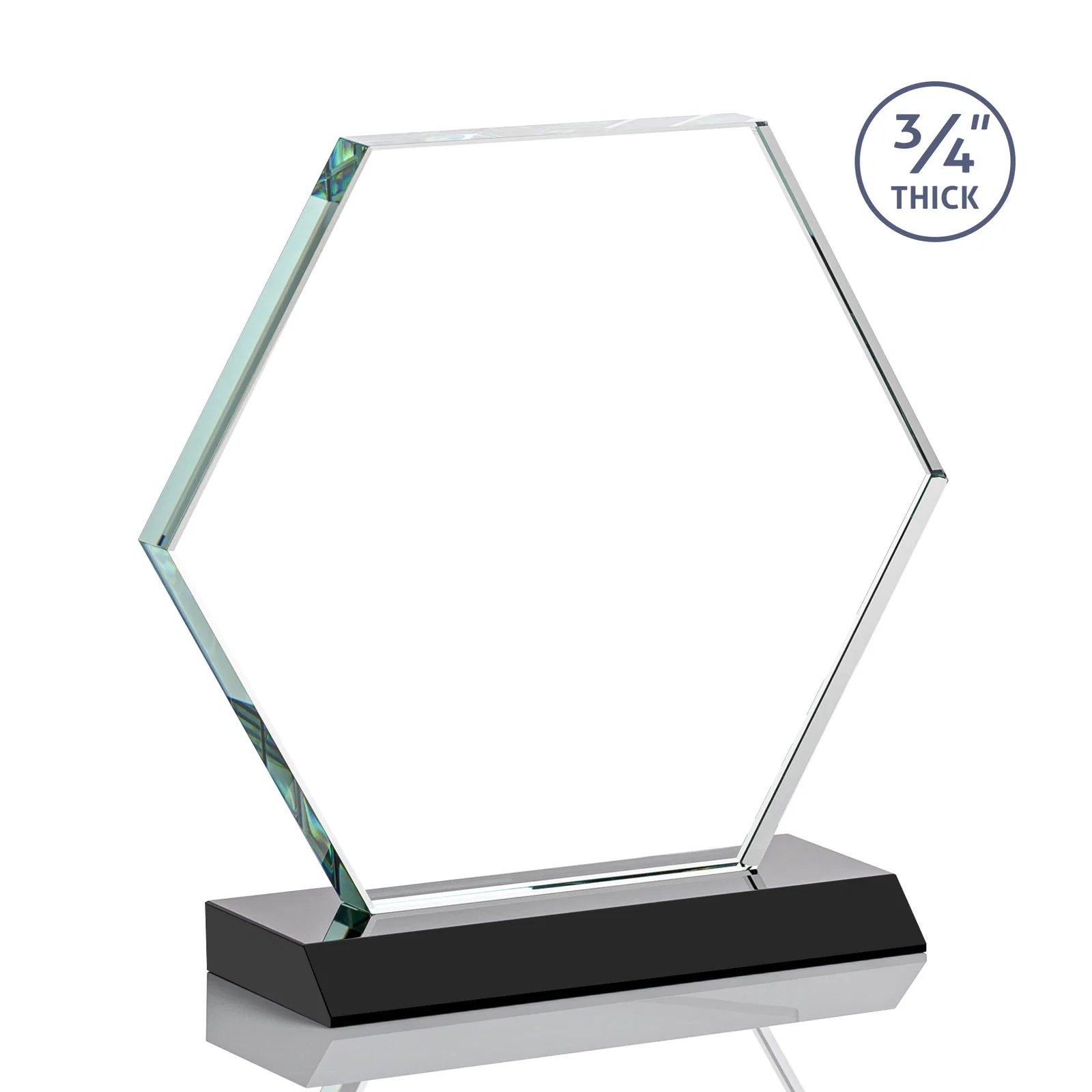 Custom engraved Starfire Crystal Hexagon Award, 3/4 Inch Thick on Crystal Base, awards for employee recognition
