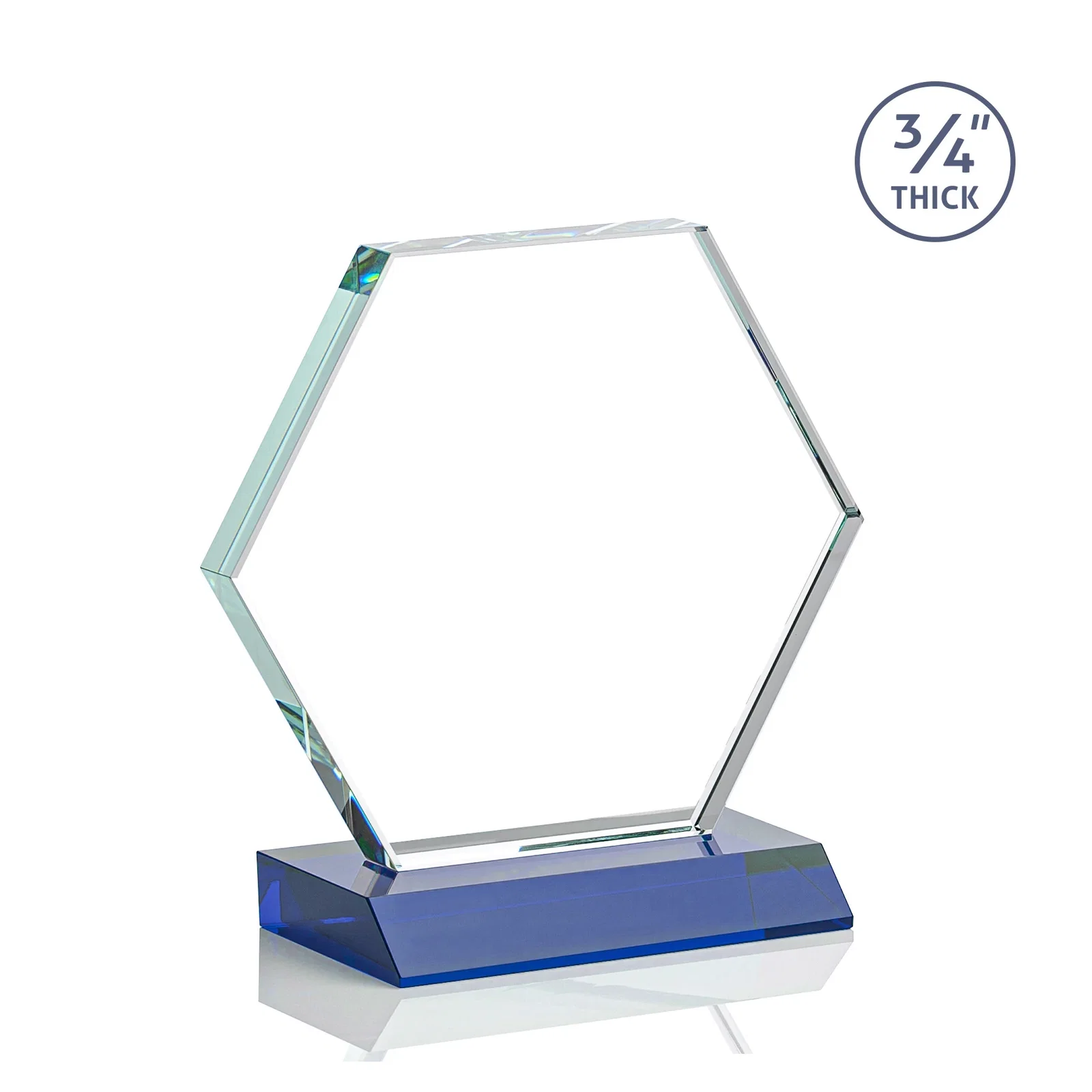 Custom engraved Starfire Crystal Hexagon Award, 3/4 Inch Thick on Crystal Base, awards for corporate award ceremonies