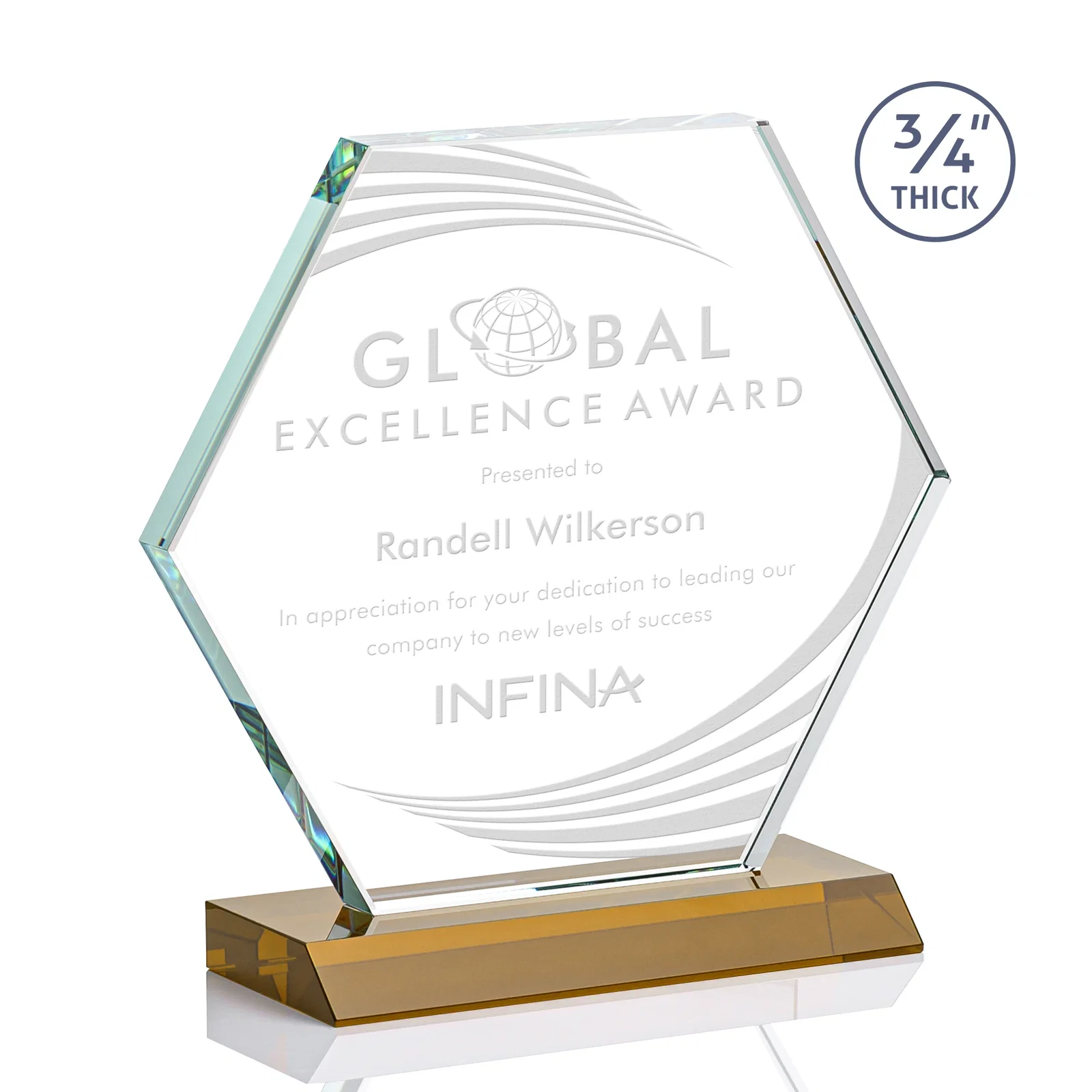 Custom Starfire Crystal Hexagon Award, 3/4 Inch Thick on Crystal Base, awards for graduation ceremonies