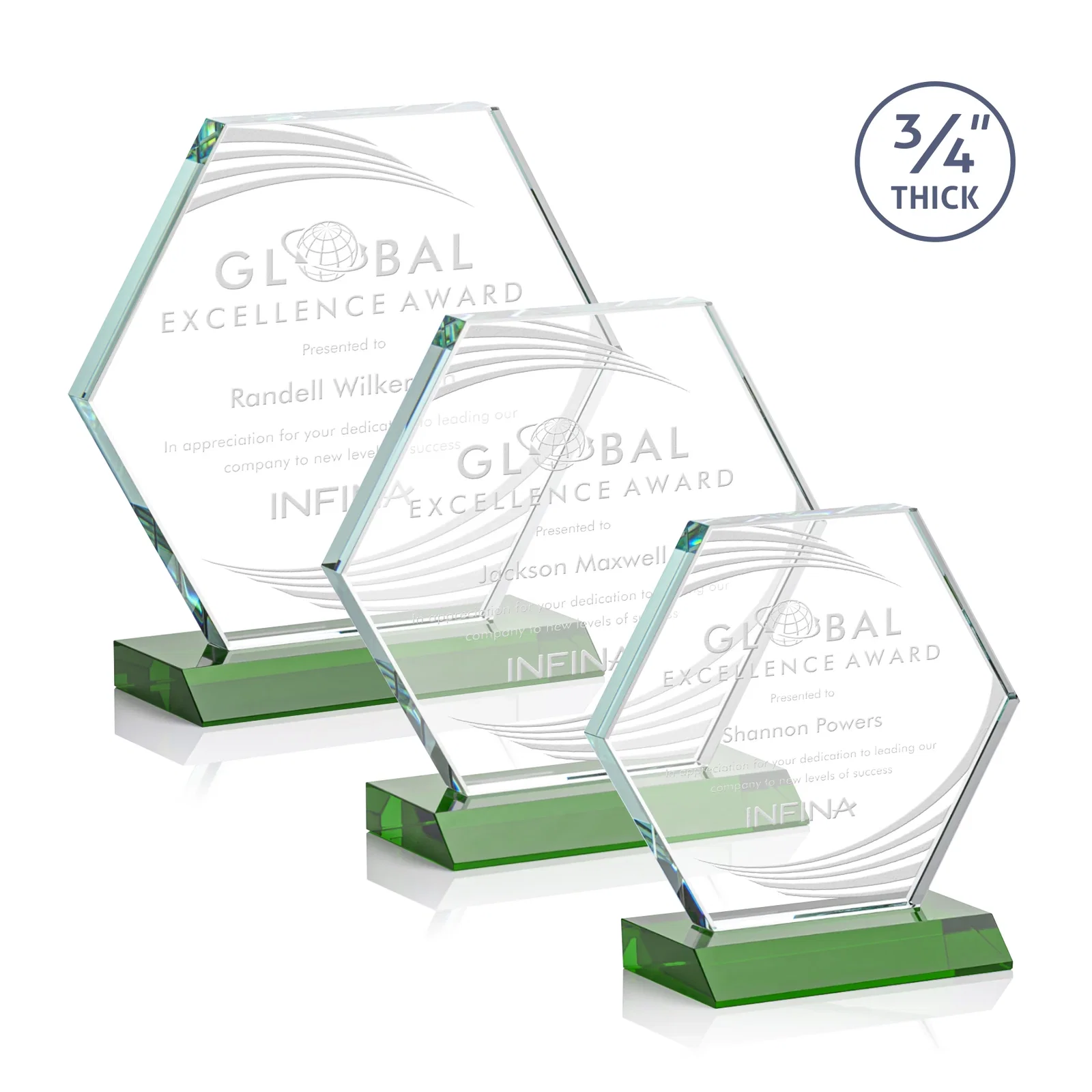 Custom Starfire Crystal Hexagon Award, 3/4 Inch Thick on Crystal Base, awards for safety achievement programs
