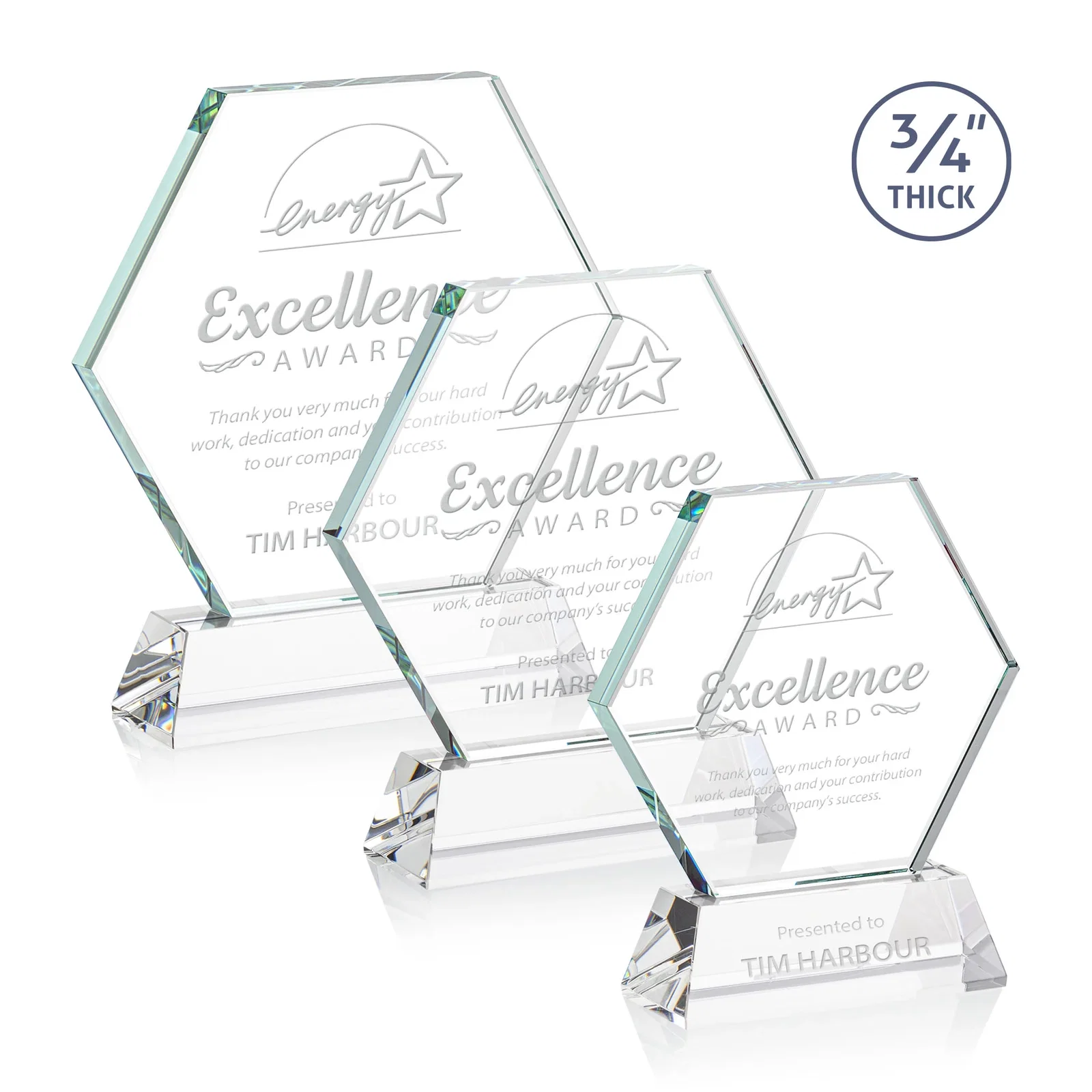 Custom Starfire Crystal Hexagon Award on Tall Tapered Base, awards for employee recognition