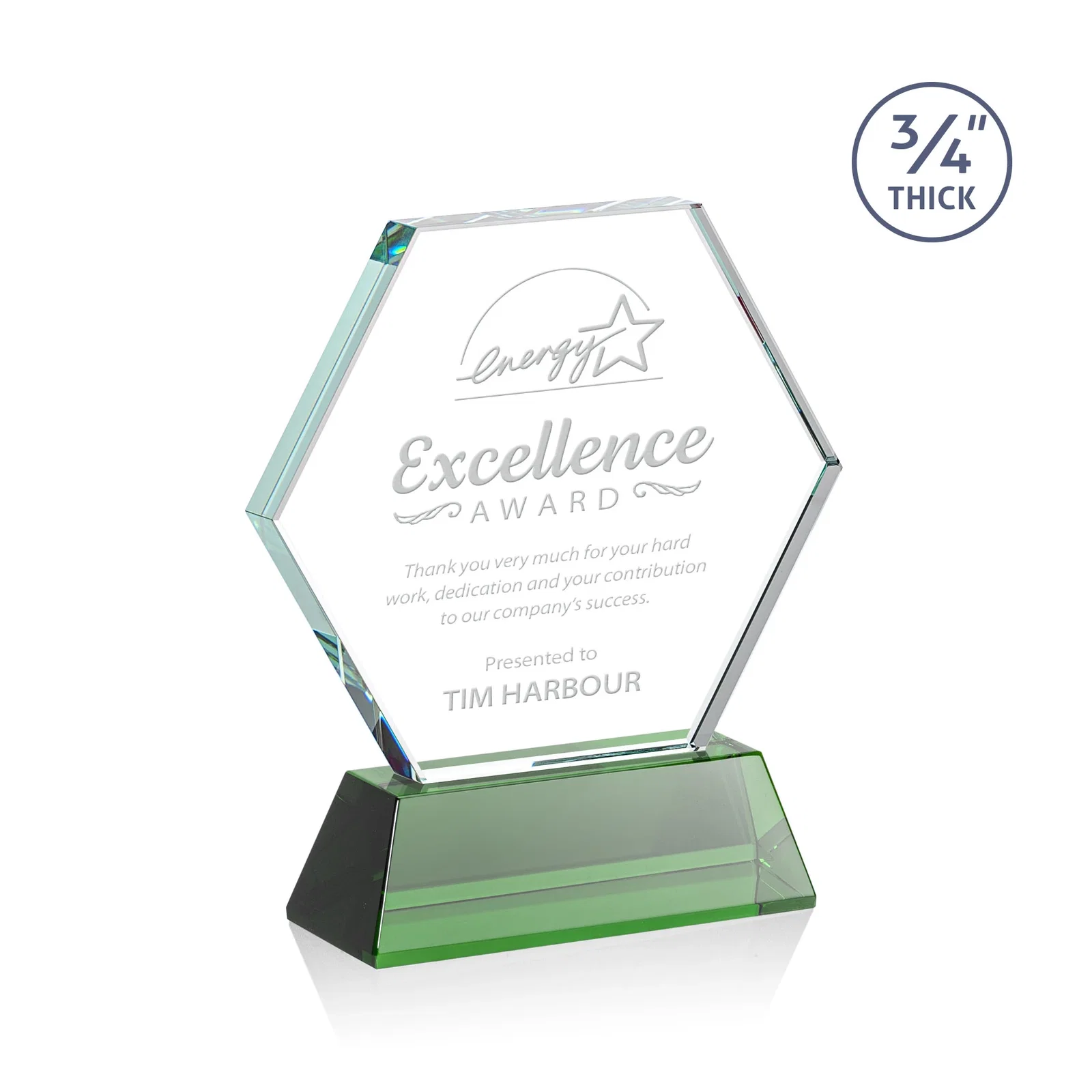 Custom Starfire Crystal Hexagon Award on Tall Tapered Base, awards for volunteer appreciation
