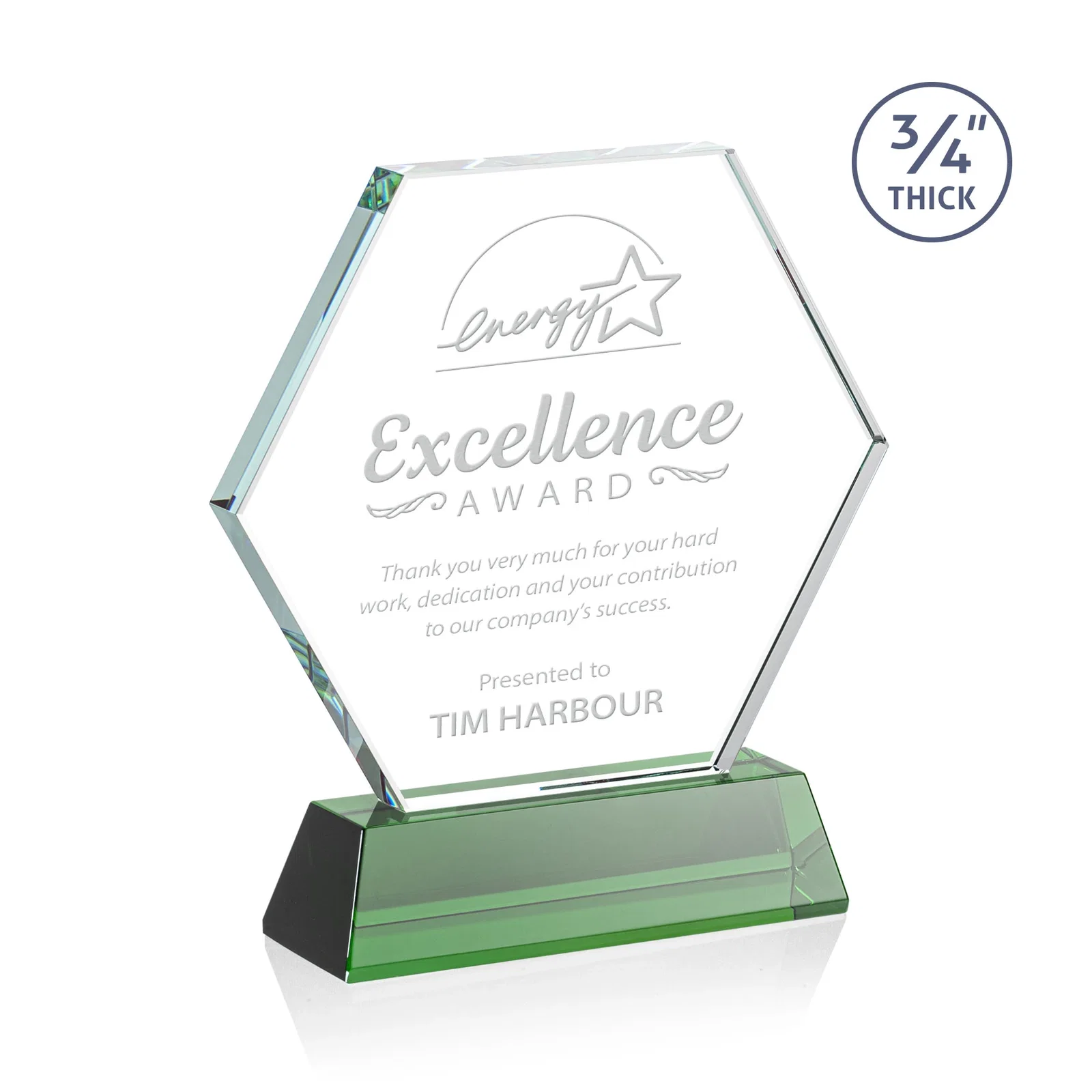 Custom Starfire Crystal Hexagon Award on Tall Tapered Base, awards for dealer and partner awards
