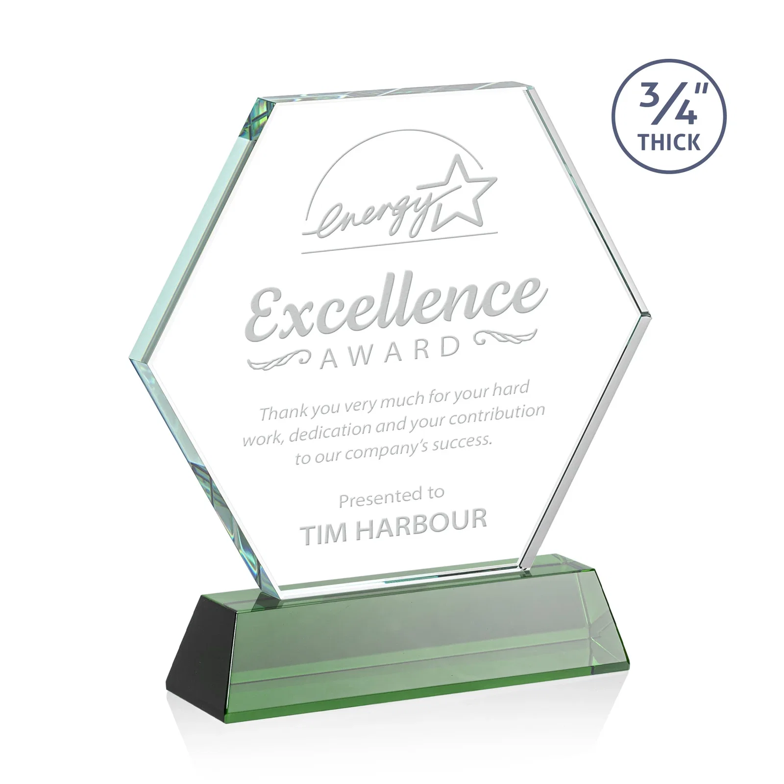 Custom Starfire Crystal Hexagon Award on Tall Tapered Base, awards for company anniversary events