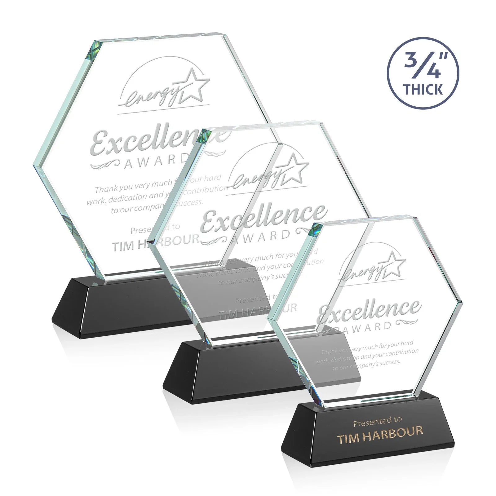 Personalized Starfire Crystal Hexagon Award on Tall Tapered Base, awards for employee recognition
