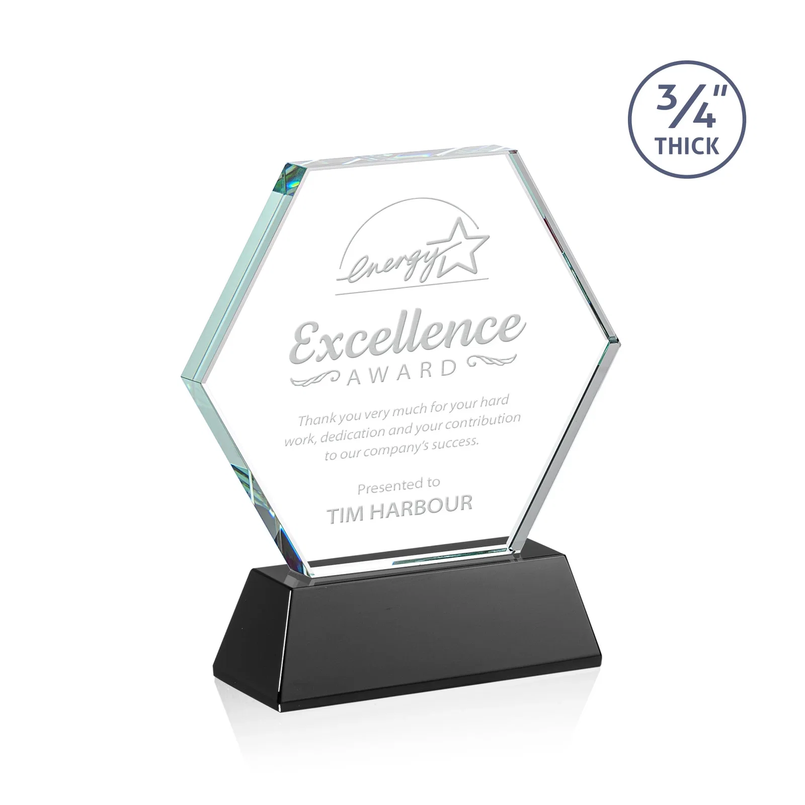 Personalized Starfire Crystal Hexagon Award on Tall Tapered Base, awards for corporate award ceremonies
