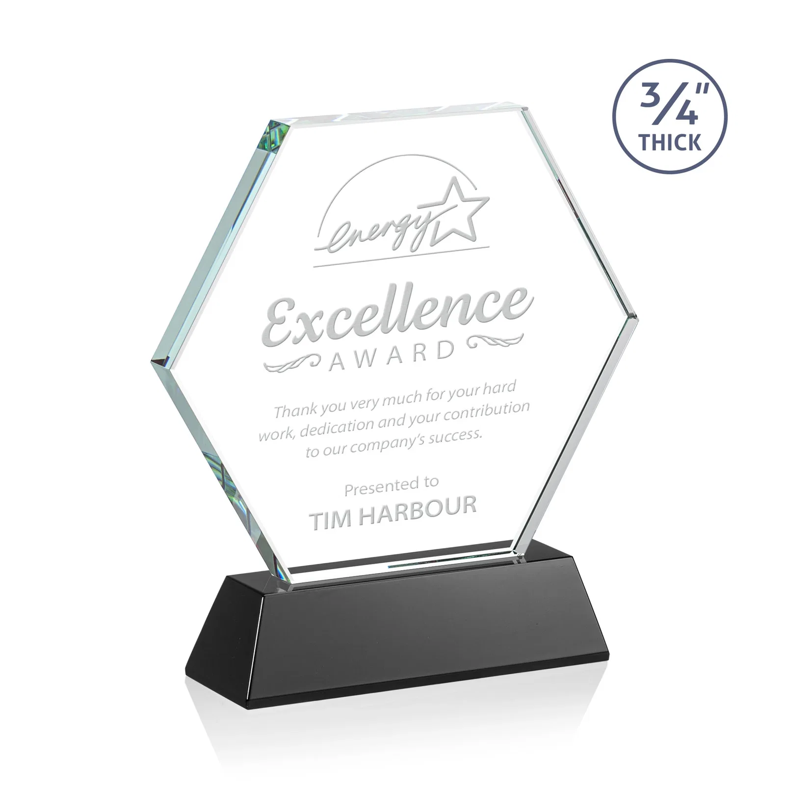 Personalized Starfire Crystal Hexagon Award on Tall Tapered Base, awards for service anniversary gifts
