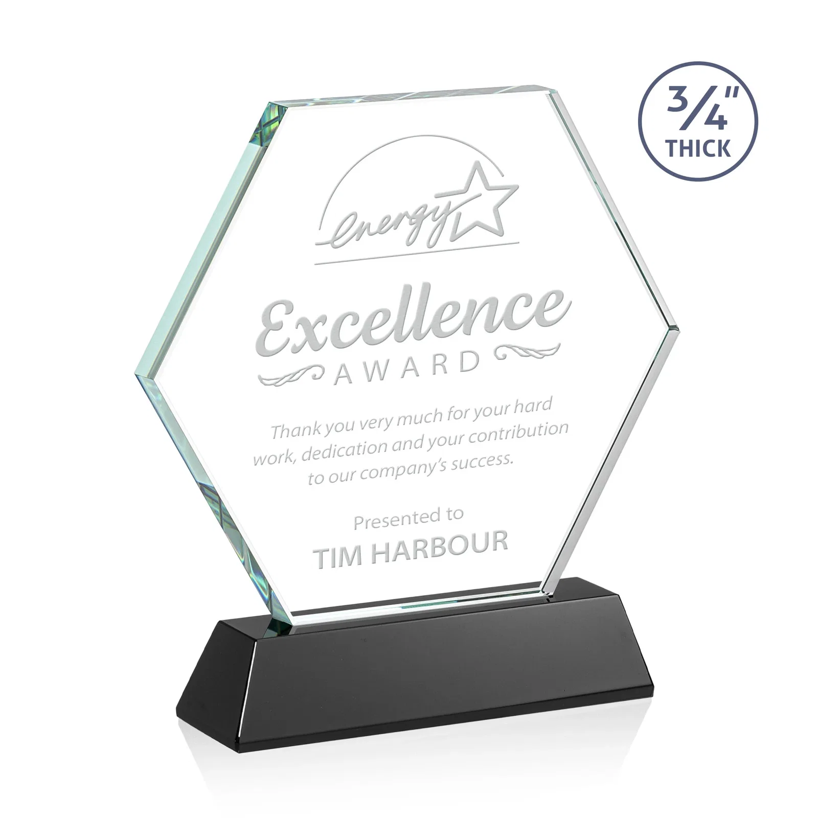 Personalized Starfire Crystal Hexagon Award on Tall Tapered Base, awards for sales achievement awards
