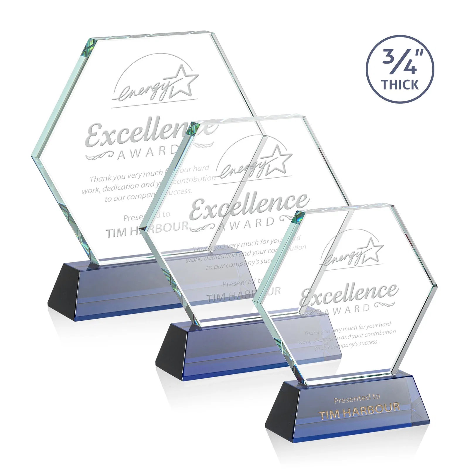 Personalized Starfire Crystal Hexagon Award on Tall Tapered Base, awards for retirement presentations