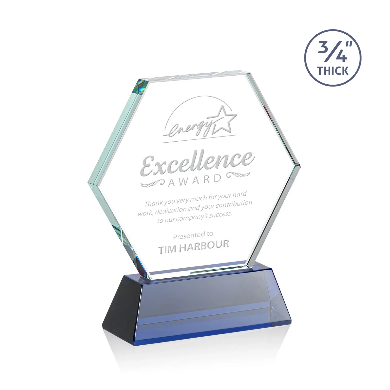 Personalized Starfire Crystal Hexagon Award on Tall Tapered Base, awards for team milestone celebrations