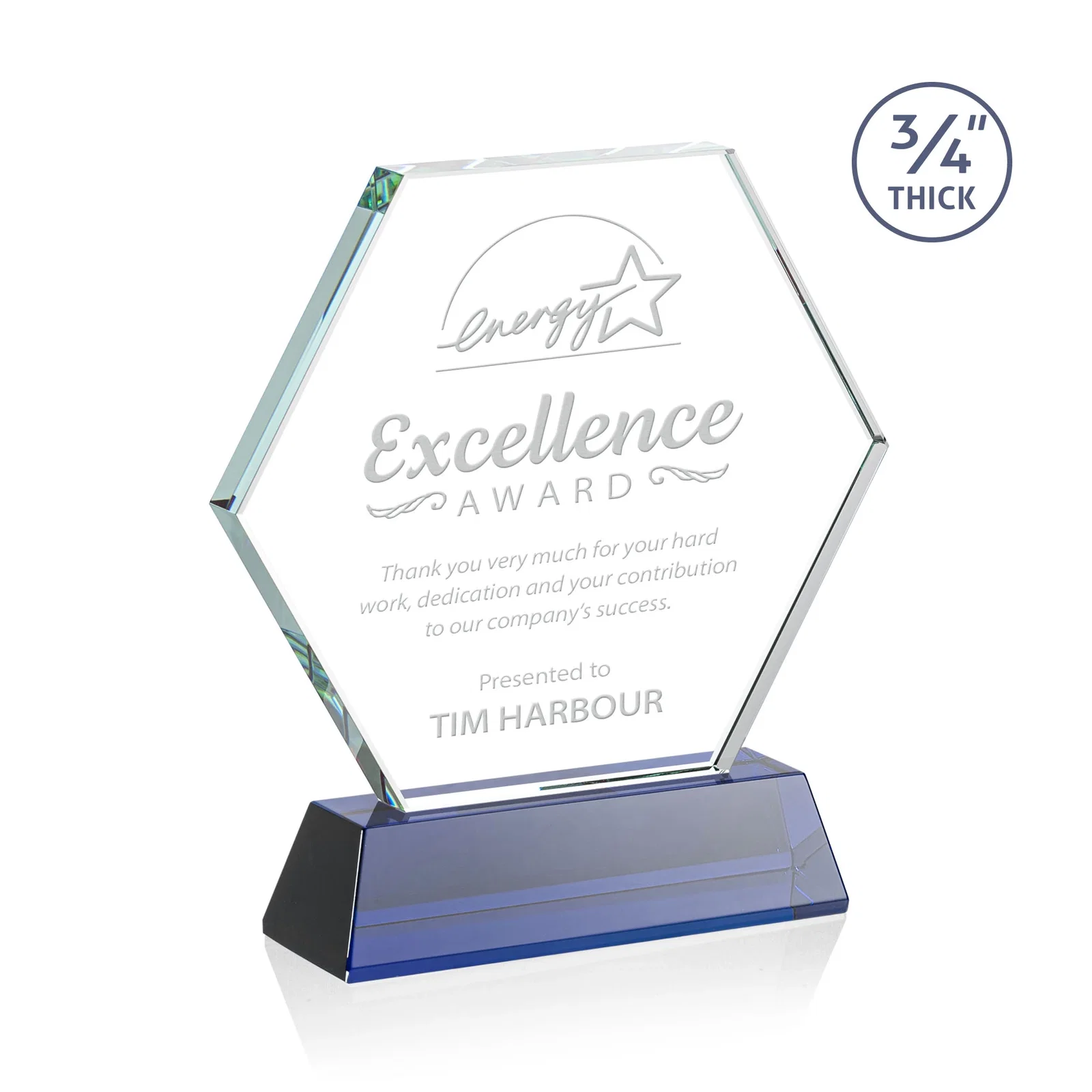 Personalized Starfire Crystal Hexagon Award on Tall Tapered Base, awards for donor appreciation