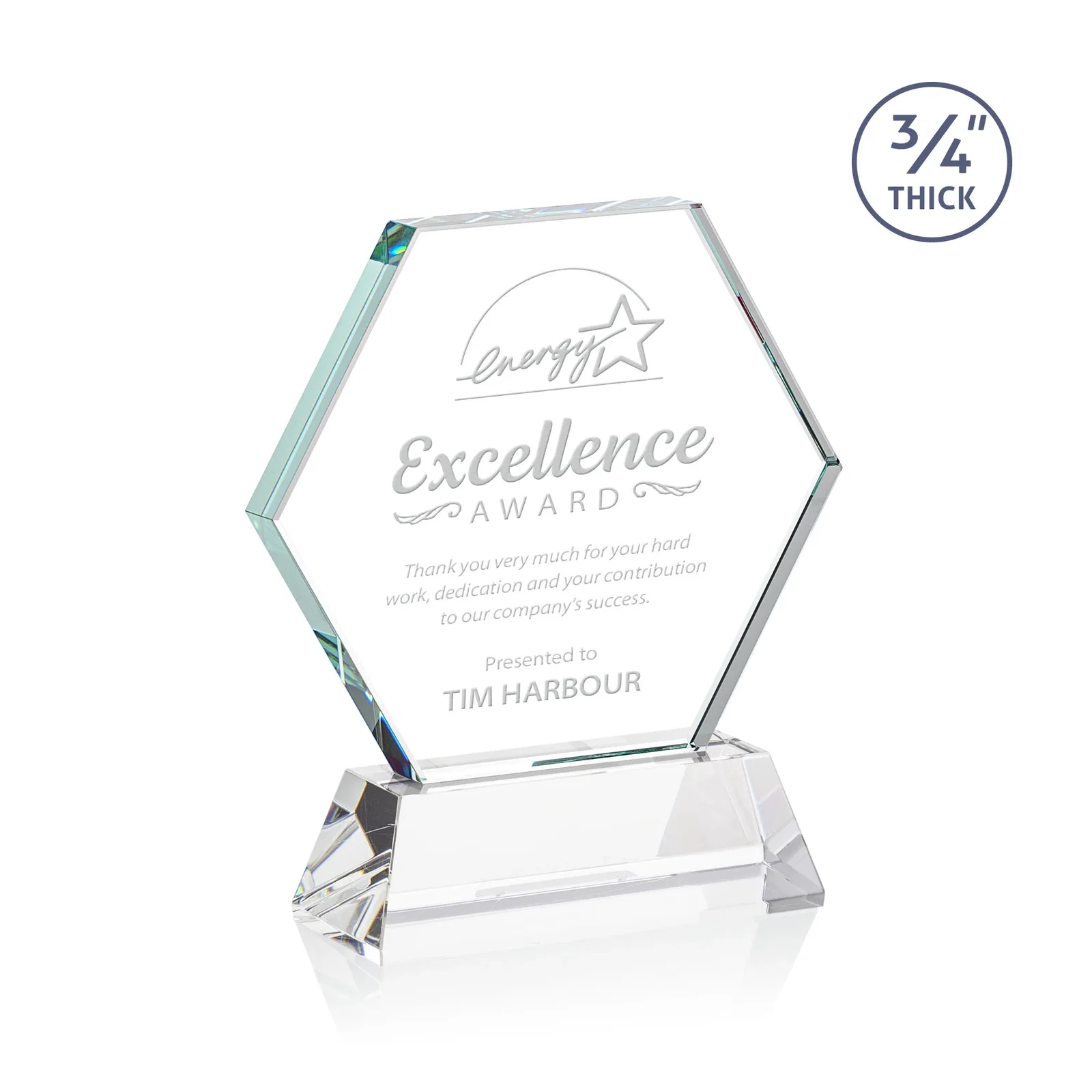 Custom Starfire Crystal Hexagon Award on Tall Tapered Base, awards for corporate award ceremonies
