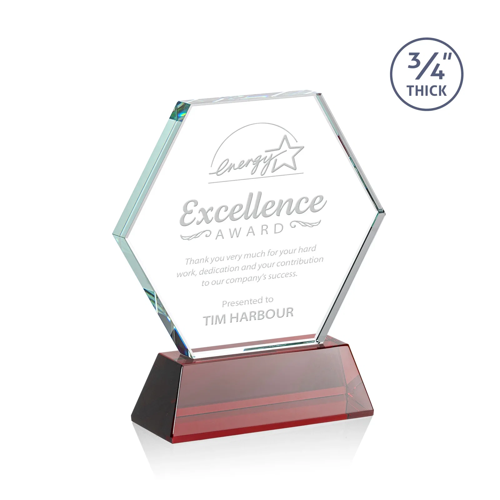 Personalized Starfire Crystal Hexagon Award on Tall Tapered Base, awards for volunteer appreciation