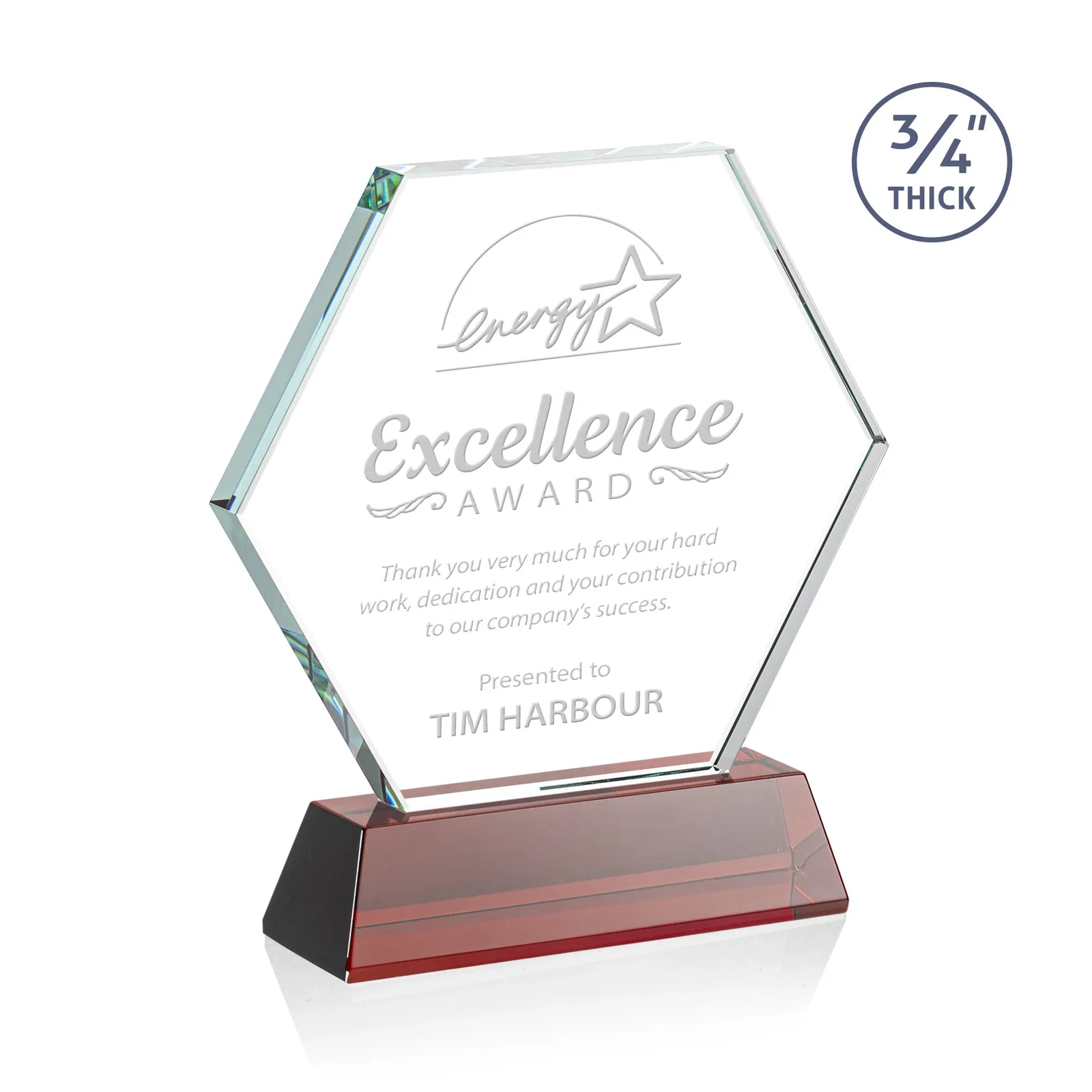 Personalized Starfire Crystal Hexagon Award on Tall Tapered Base, awards for dealer and partner awards