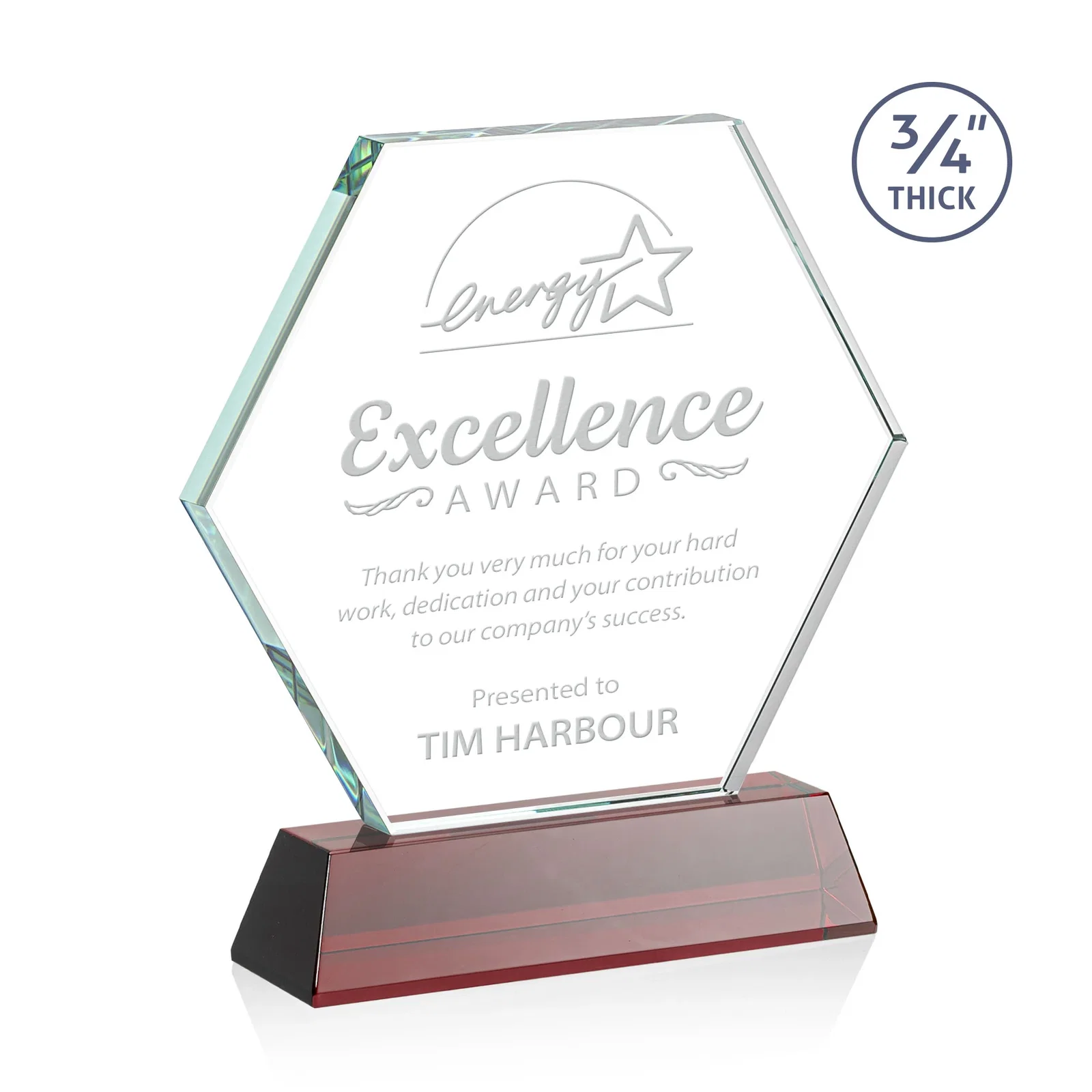 Personalized Starfire Crystal Hexagon Award on Tall Tapered Base, awards for company anniversary events
