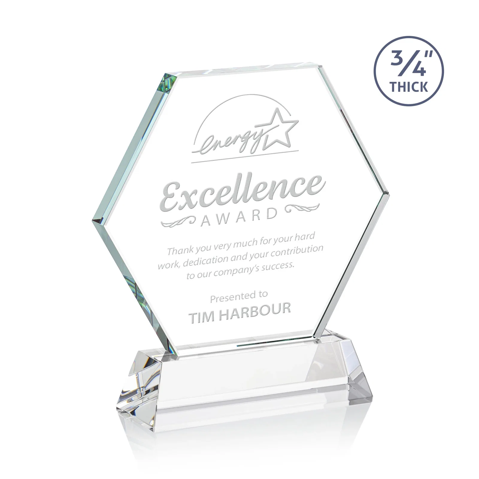 Custom Starfire Crystal Hexagon Award on Tall Tapered Base, awards for service anniversary gifts