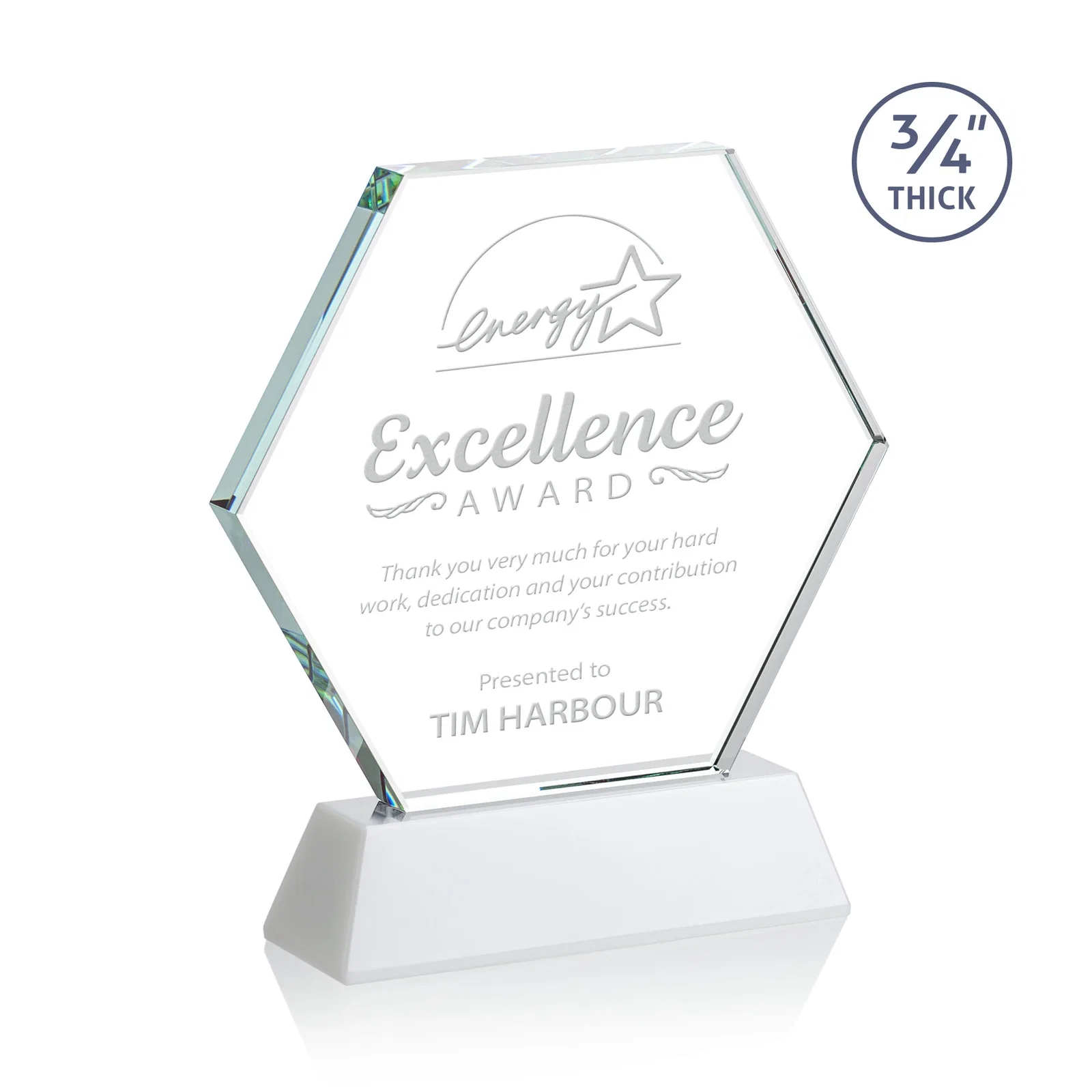 Promotional Starfire Crystal Hexagon Award on Tall Tapered Base, awards for donor appreciation