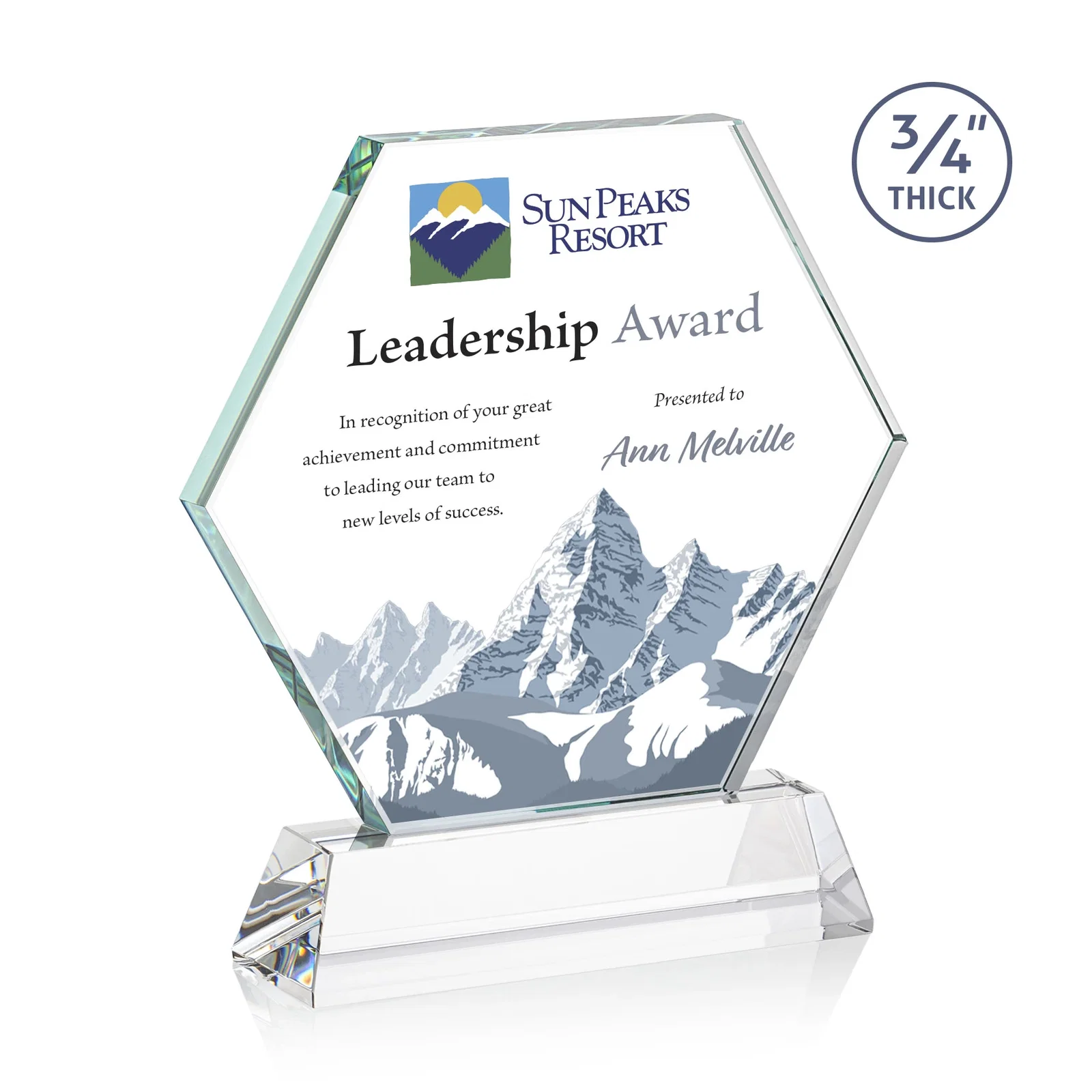 Promotional Starfire Crystal Hexagon Award on Tall Tapered Base, awards for company anniversary events