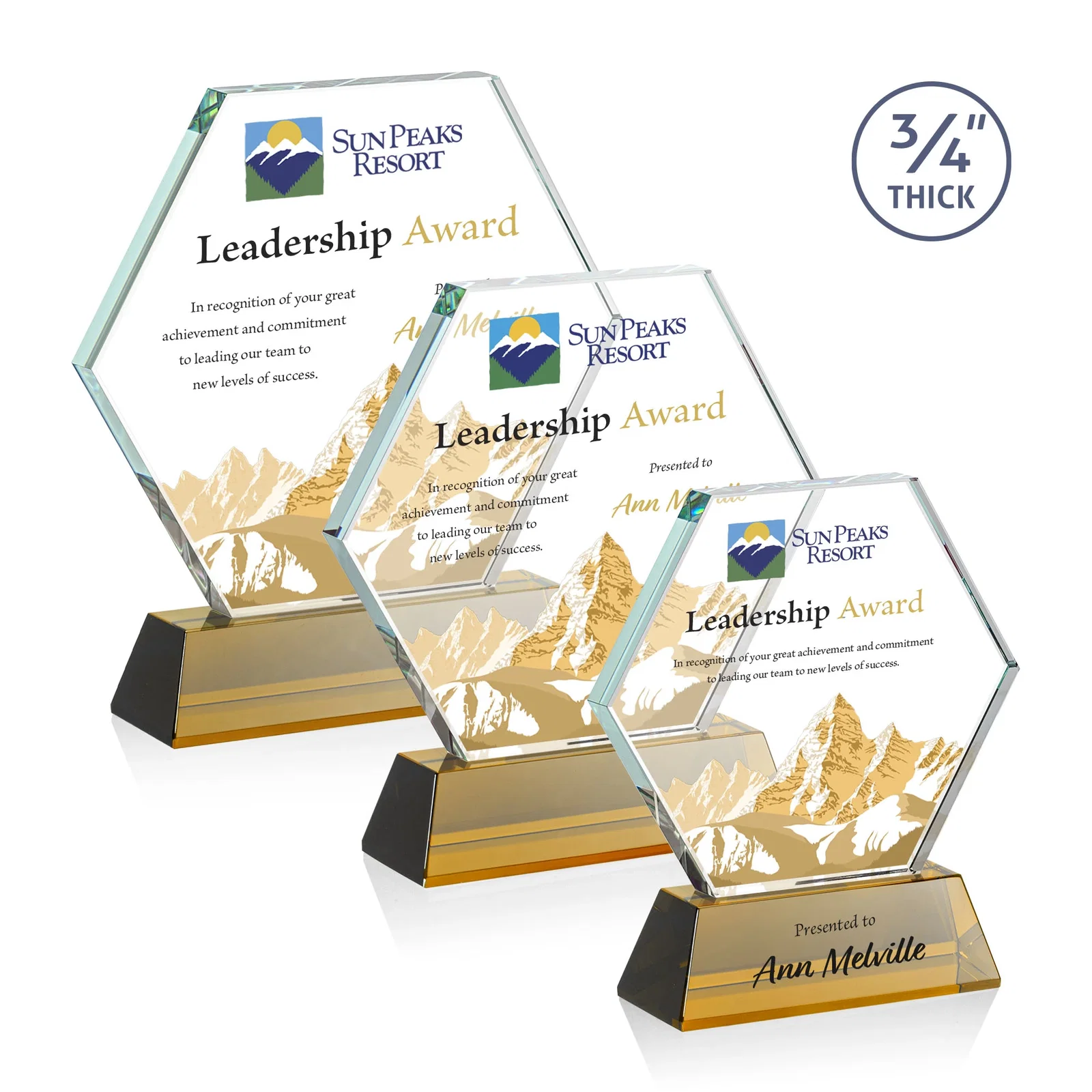 Branded Starfire Crystal Hexagon Award on Tall Tapered Base, awards for employee recognition