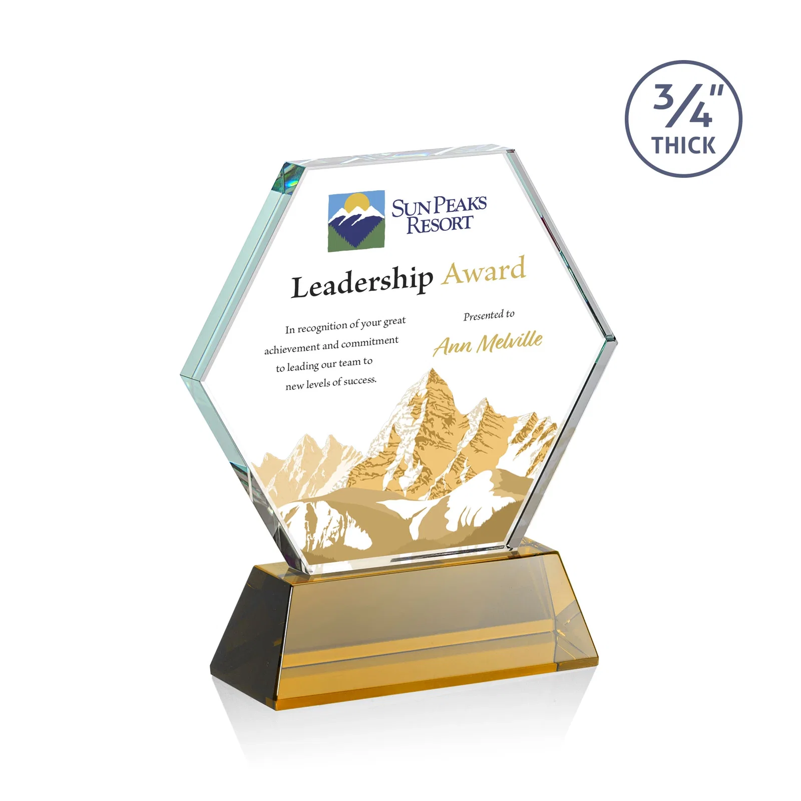 Branded Starfire Crystal Hexagon Award on Tall Tapered Base, awards for corporate award ceremonies