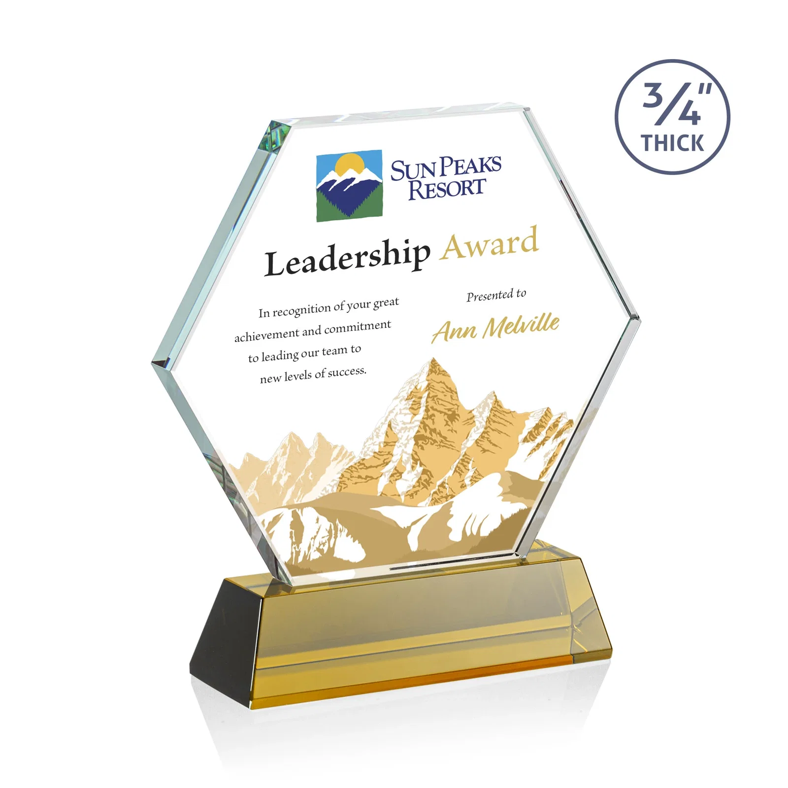 Branded Starfire Crystal Hexagon Award on Tall Tapered Base, awards for service anniversary gifts