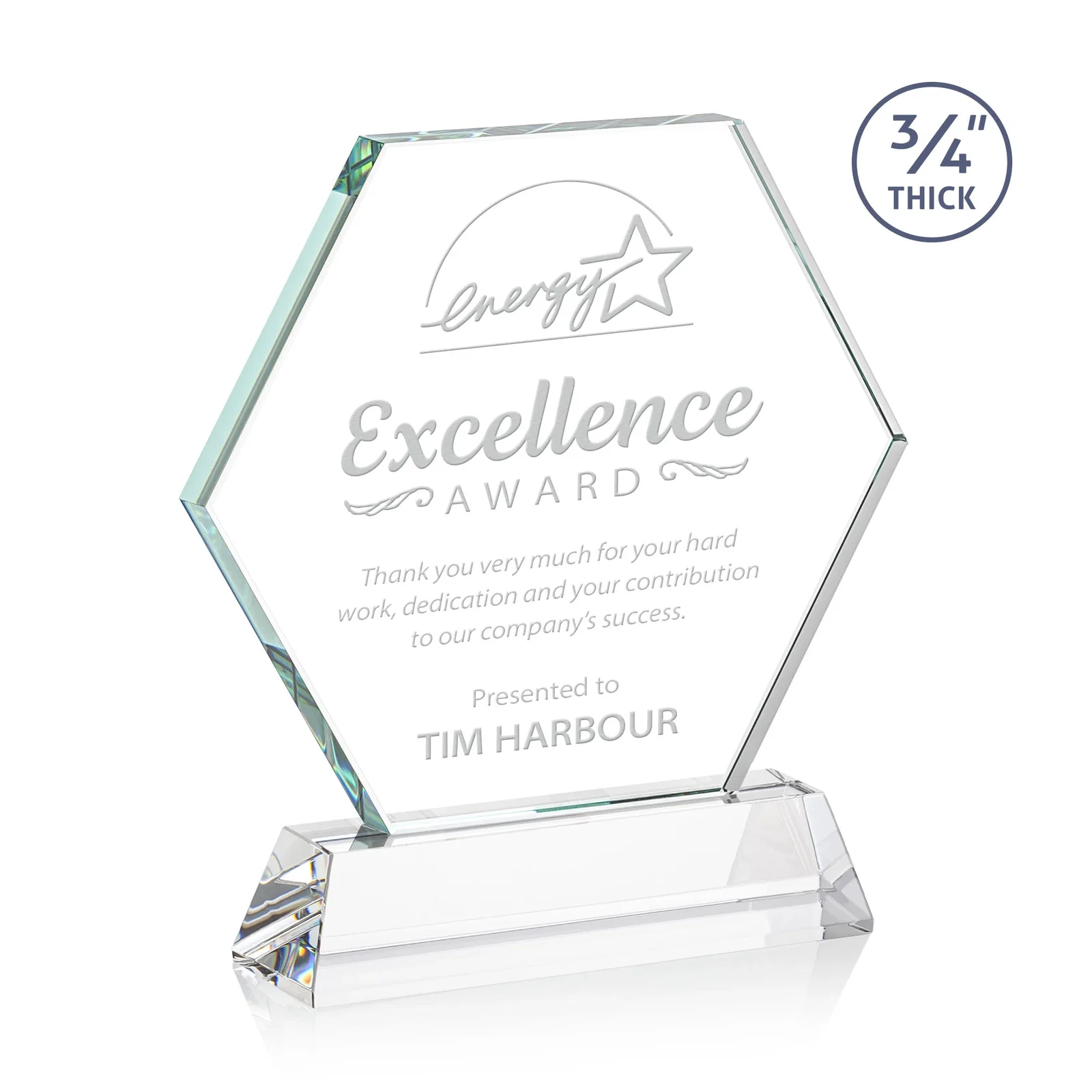 Custom Starfire Crystal Hexagon Award on Tall Tapered Base, awards for sales achievement awards