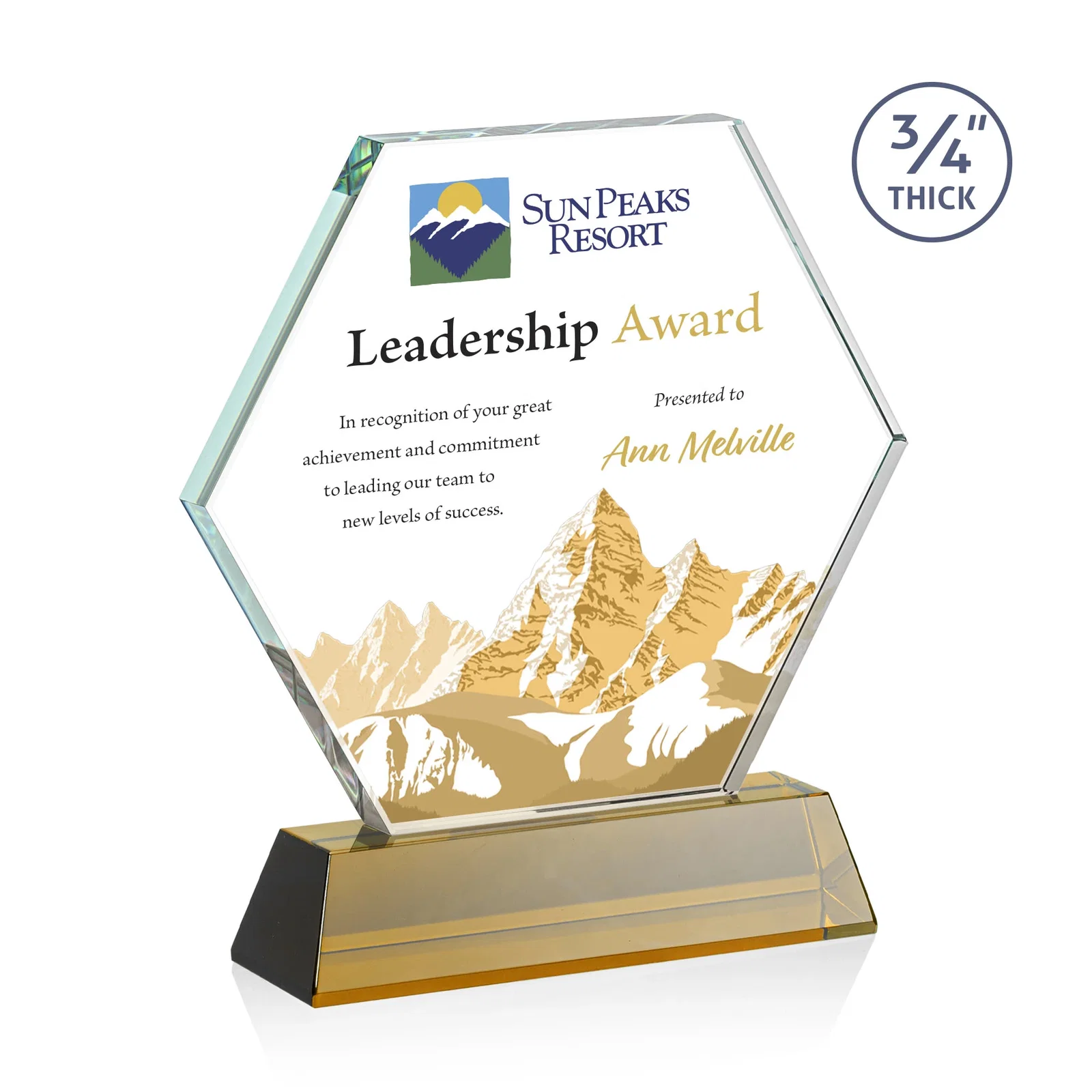 Branded Starfire Crystal Hexagon Award on Tall Tapered Base, awards for sales achievement awards