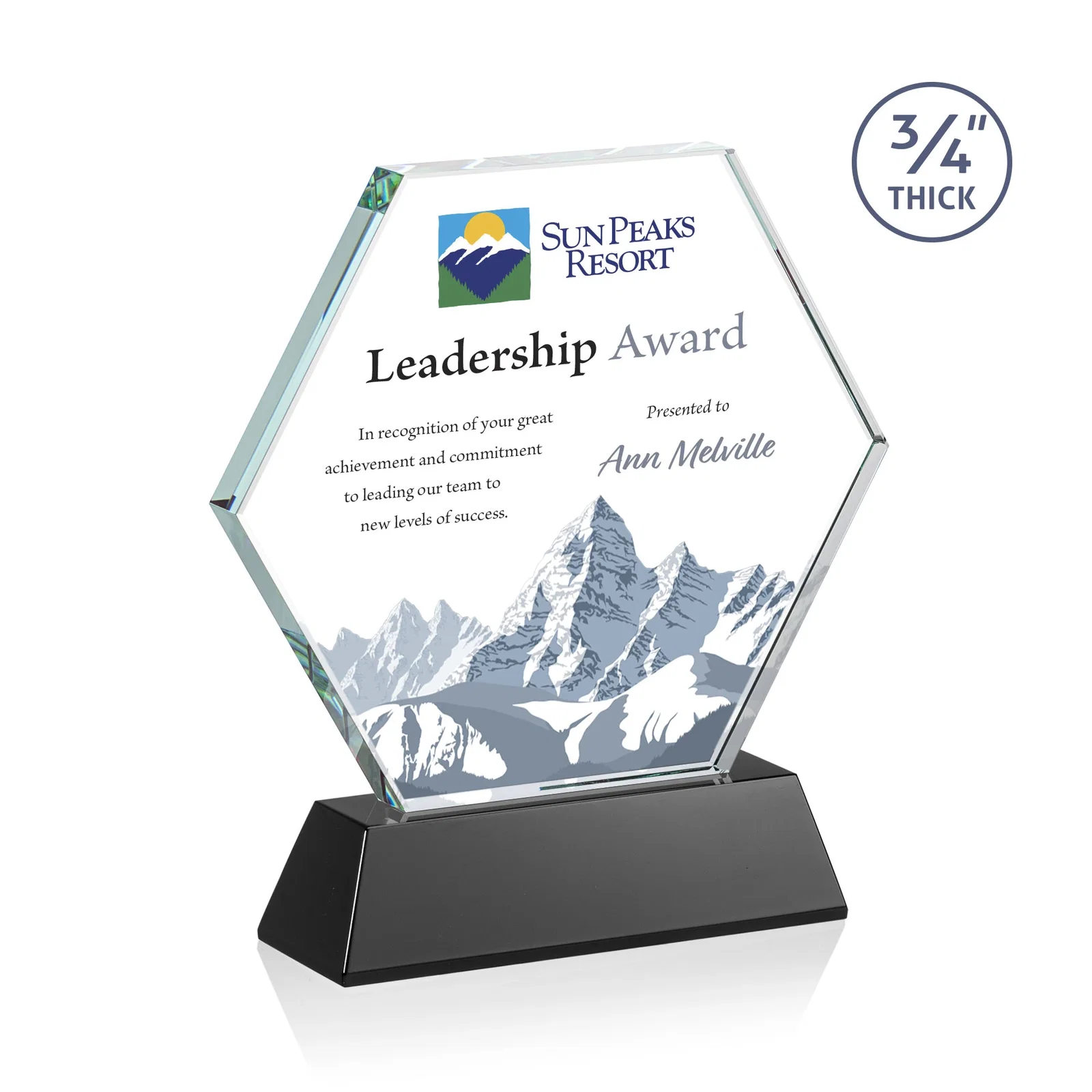 Branded Starfire Crystal Hexagon Award on Tall Tapered Base, awards for dealer and partner awards