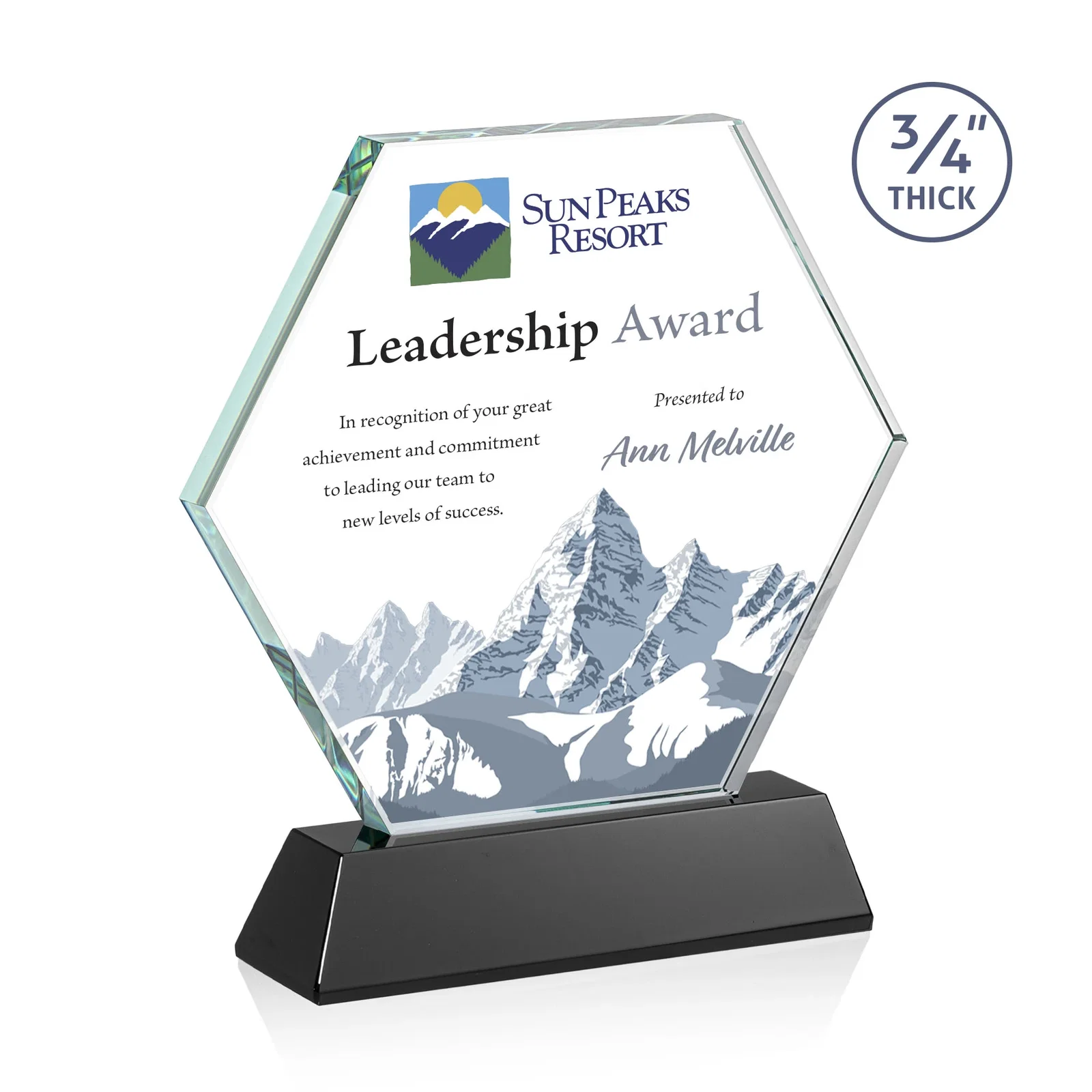 Branded Starfire Crystal Hexagon Award on Tall Tapered Base, awards for company anniversary events
