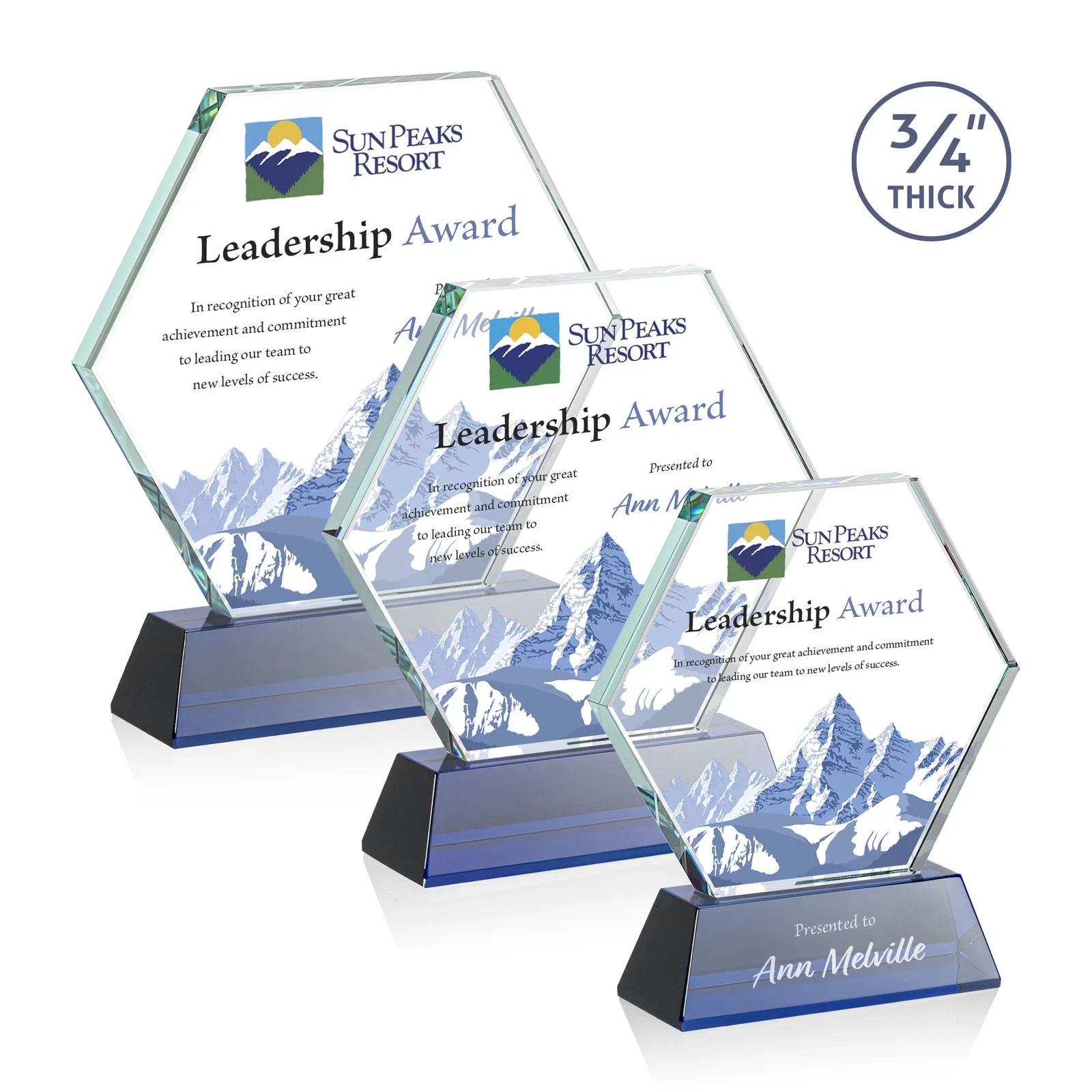 Custom printed Starfire Crystal Hexagon Award on Tall Tapered Base, awards for employee recognition